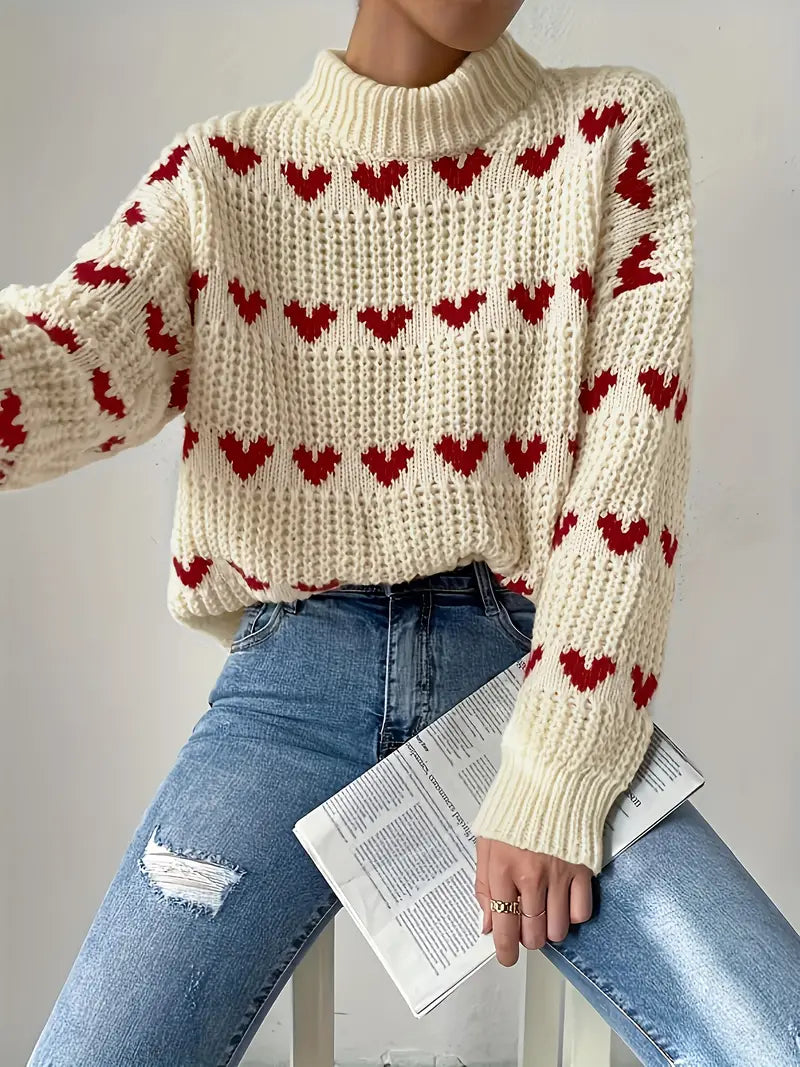 Pull en grosse maille à motif cœur pour femmes