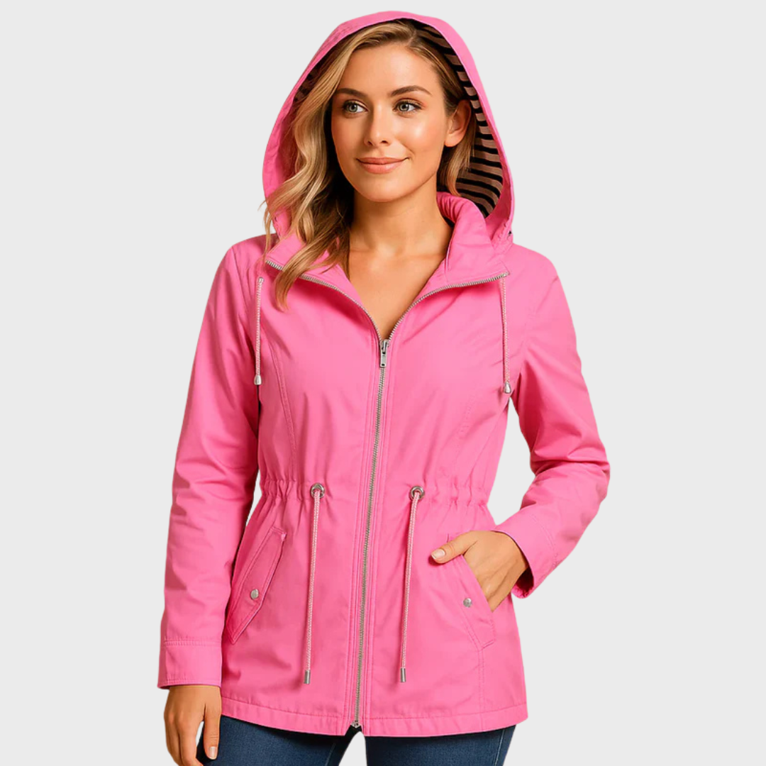Lightweight waterproof women's coat with pockets and drawstring
