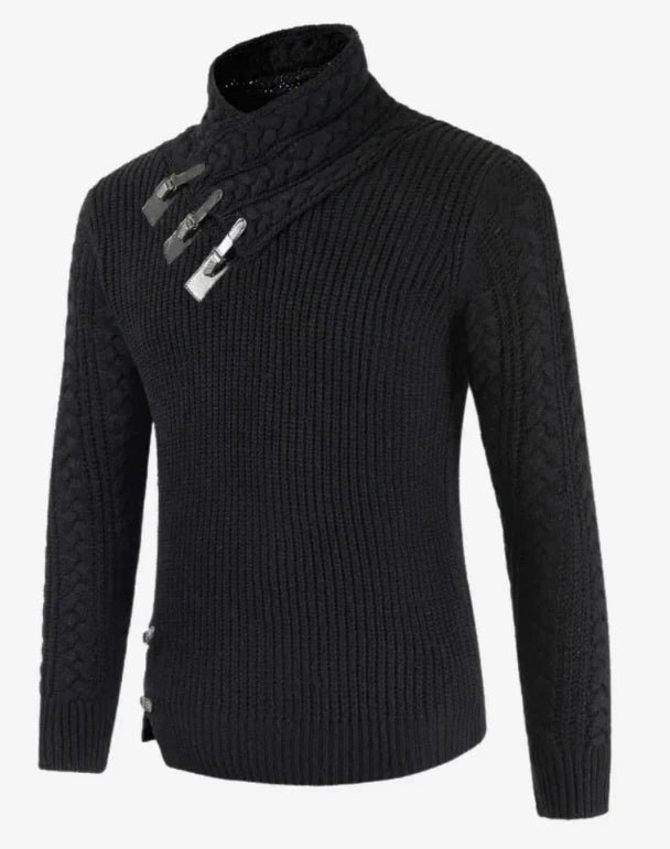 Pull en maille torsadée pour hommes avec col à boucles asymétriques