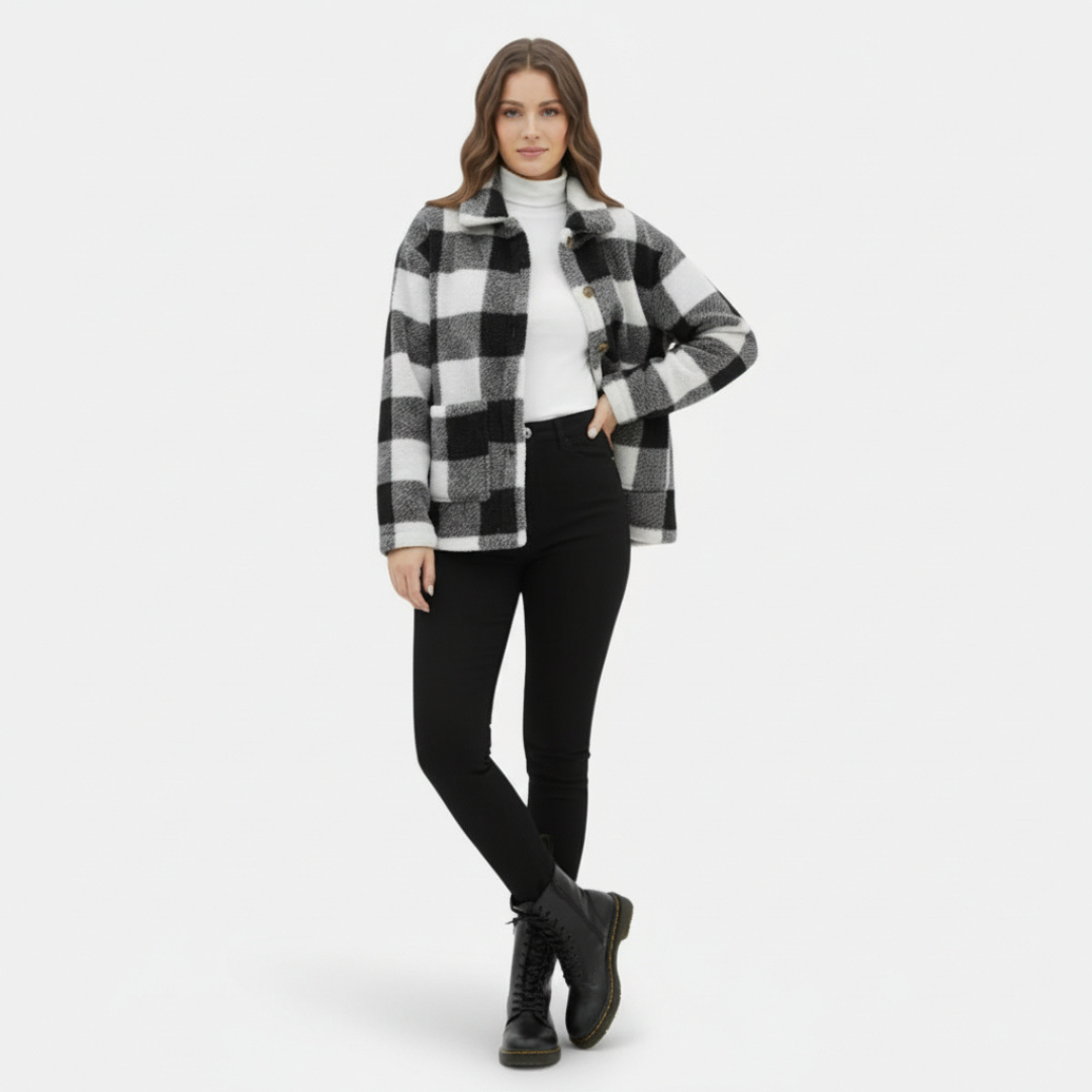 Veste teddy à carreaux douce et confortable pour femme