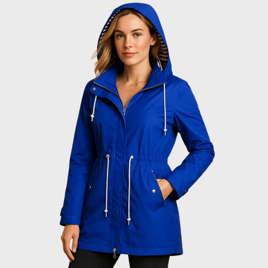 Lightweight waterproof women's coat with pockets and drawstring