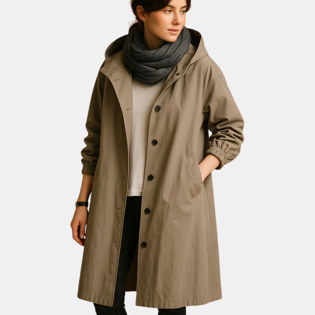 Long waterproof coat for women with hood and pockets
