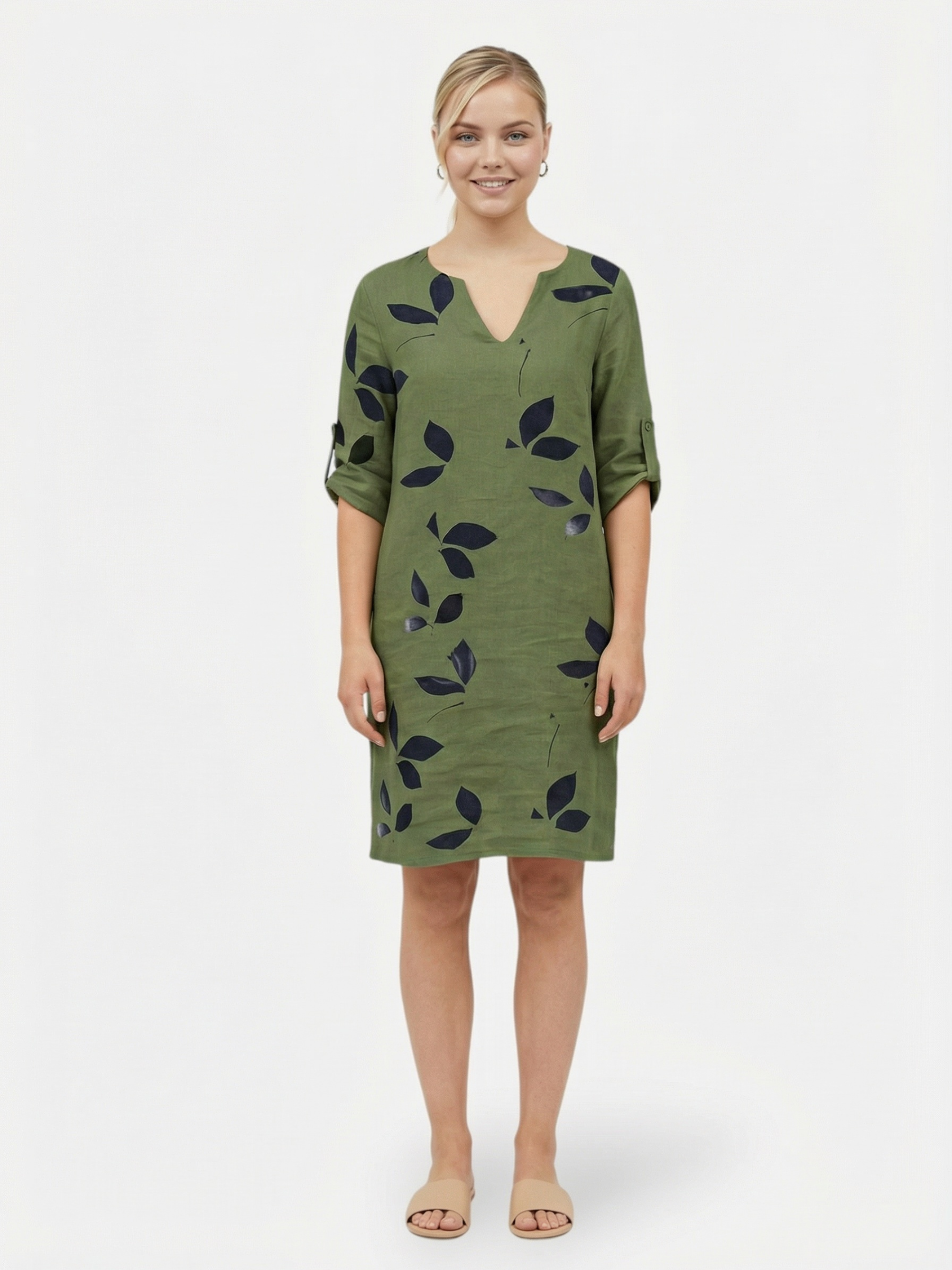 Robe à col en V avec imprimé feuilles et manches retroussables pour femme