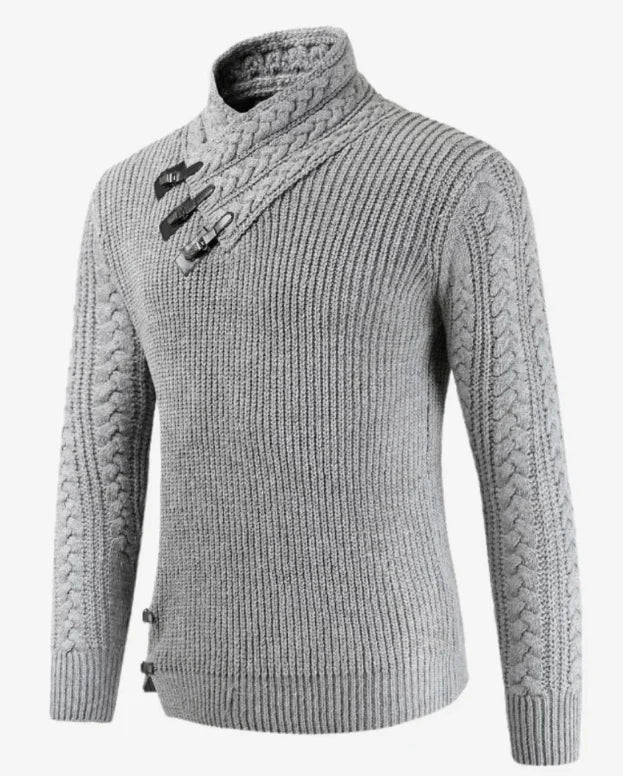 Pull en maille torsadée pour hommes avec col à boucles asymétriques