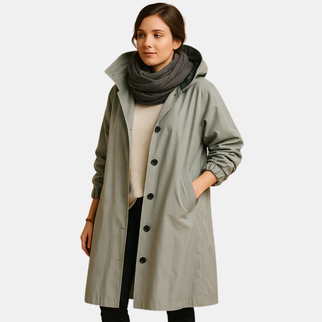 Long waterproof coat for women with hood and pockets