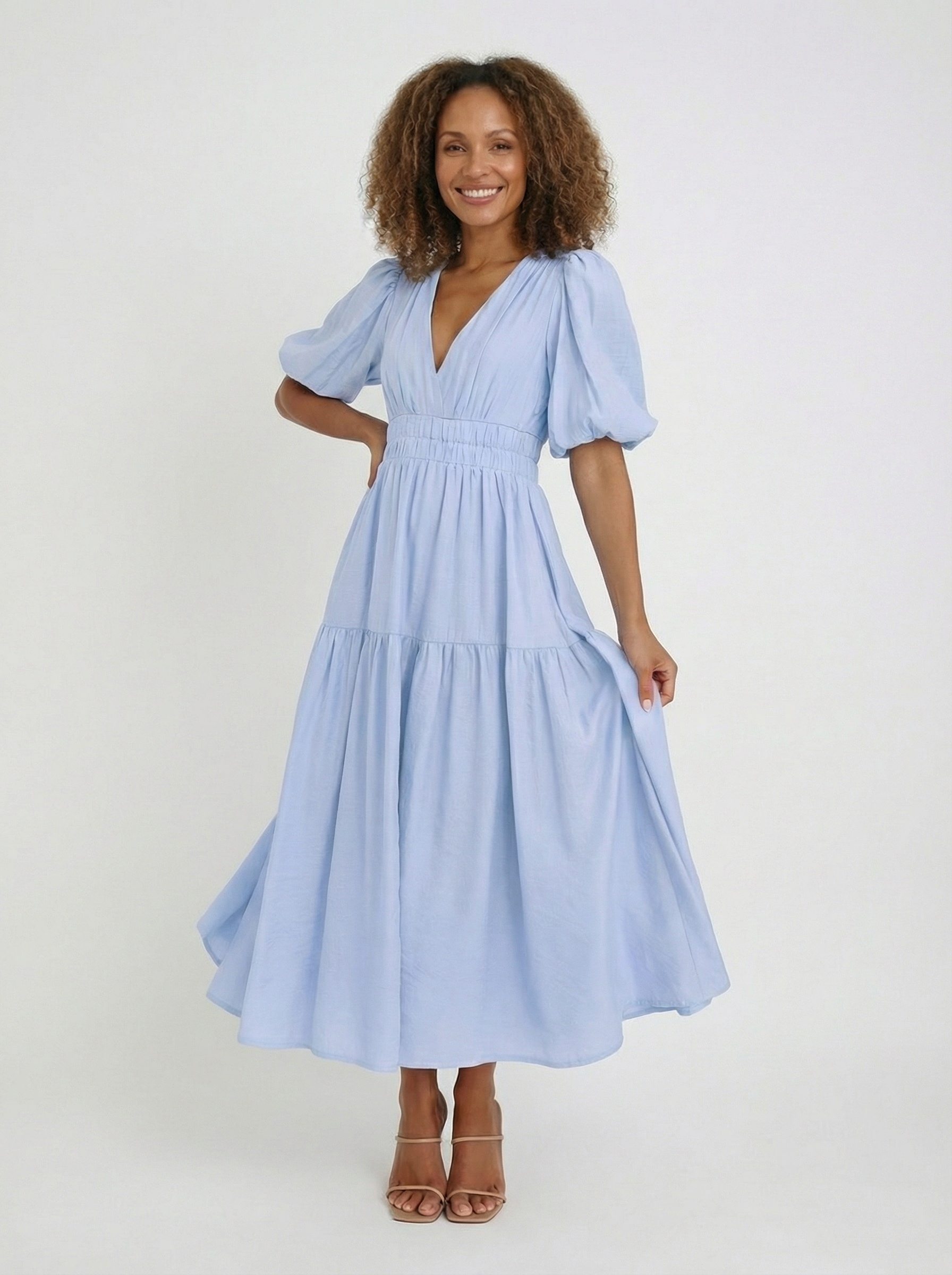 Robe midi élégante à manches bouffantes pour femme