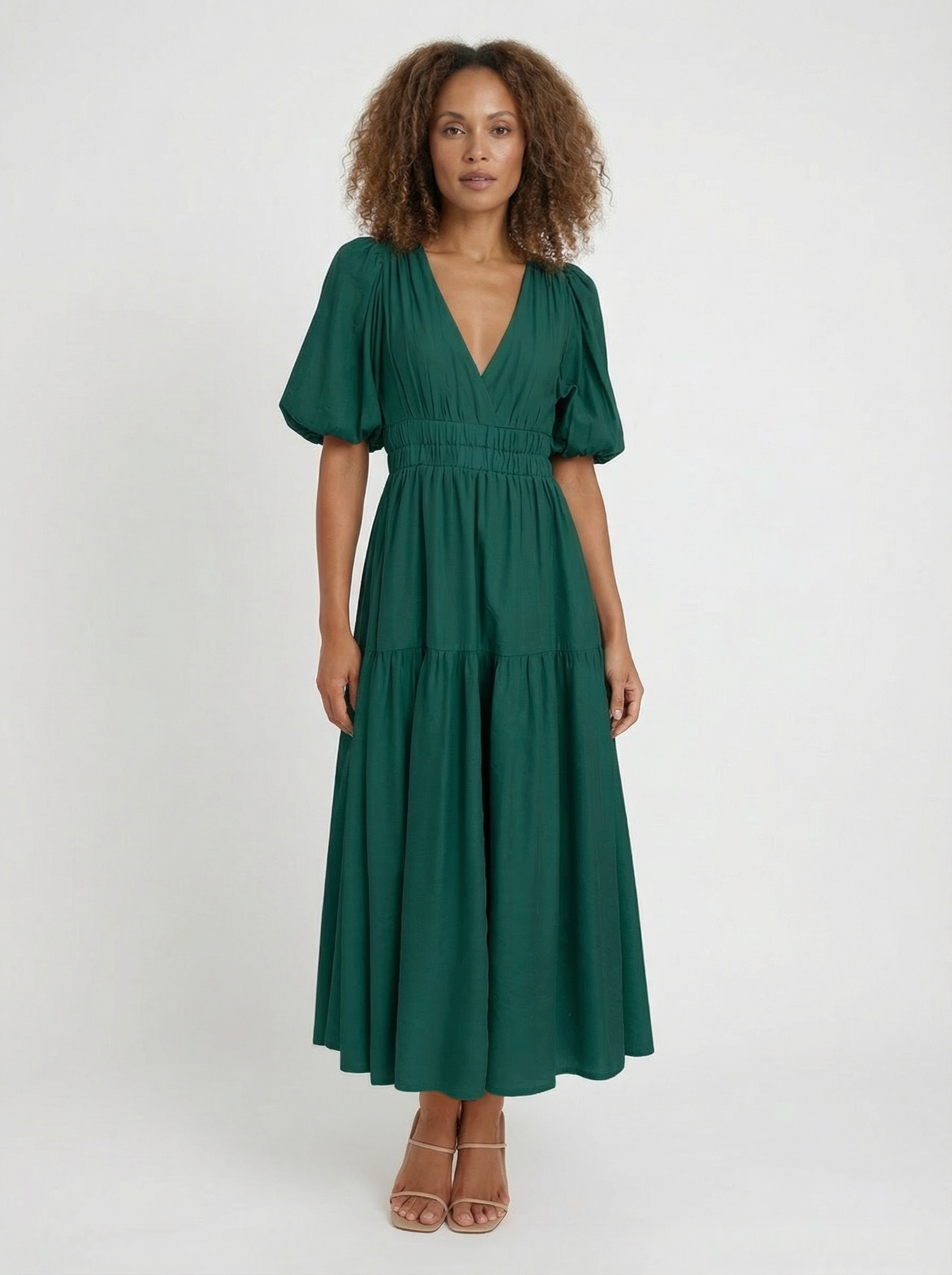 Robe midi élégante à manches bouffantes pour femme