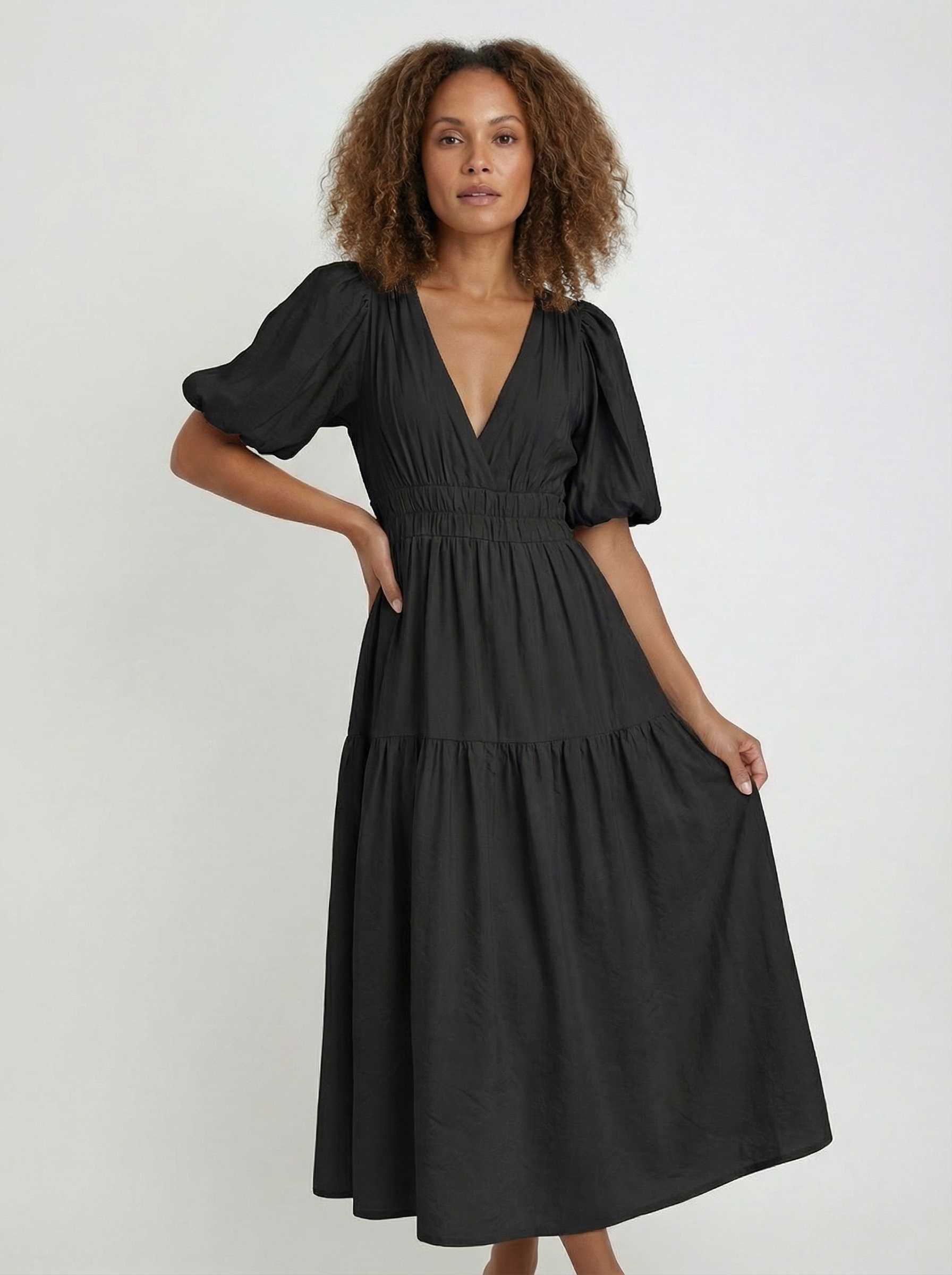 Robe midi élégante à manches bouffantes pour femme