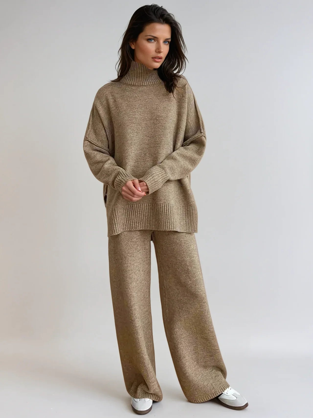 Ensemble pull à col roulé tricoté pour femme