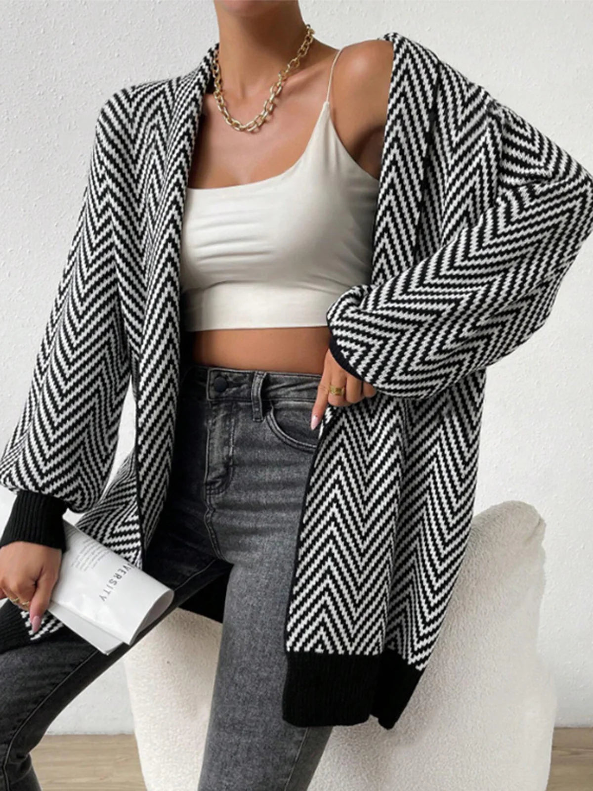 Cardigan élégant à motif chevron ouvert pour femmes