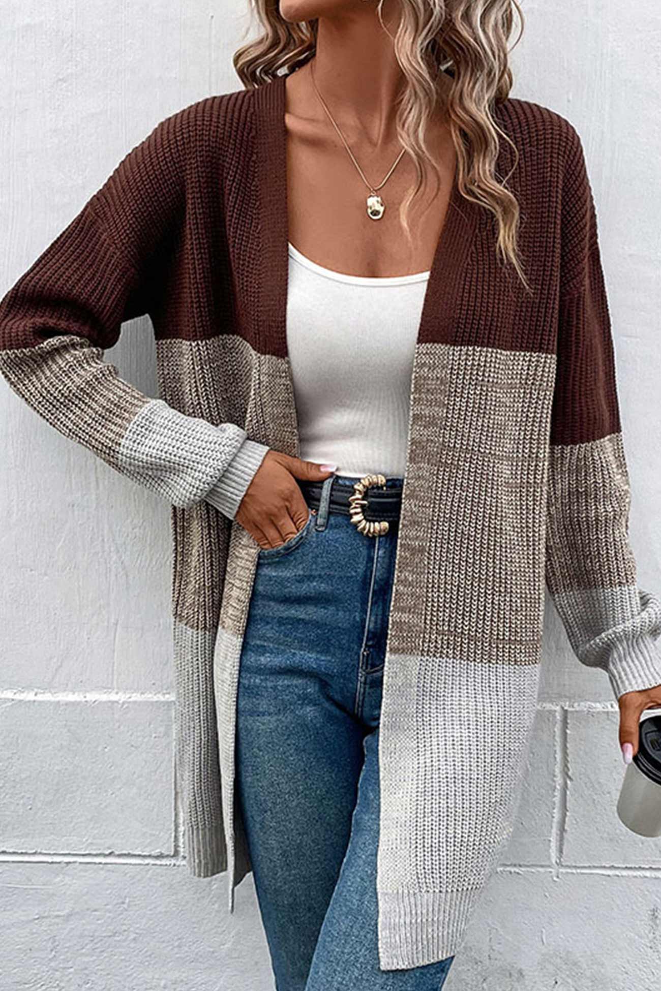 Cardigan long en maille contrastée pour femmes