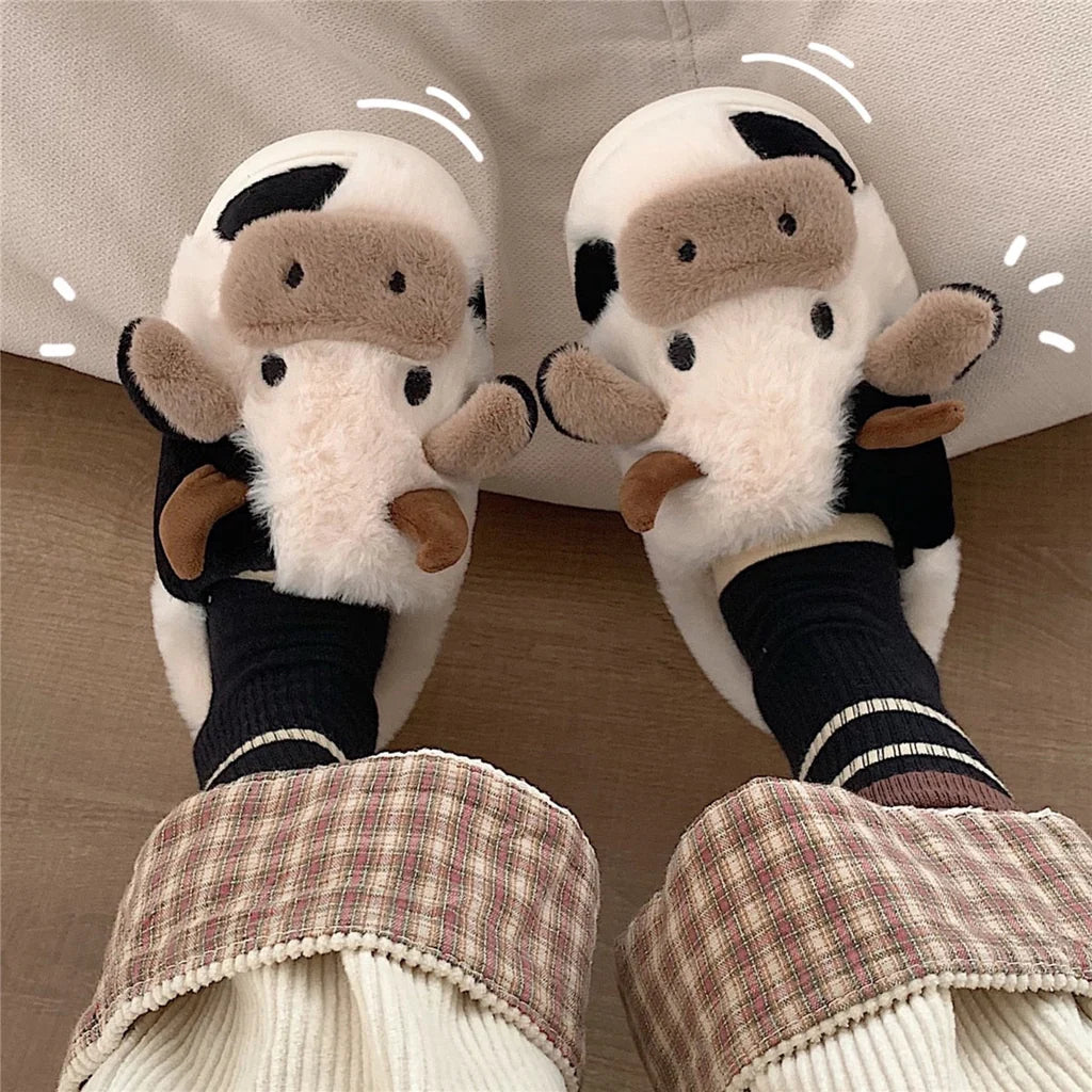 Chaussons en peluche avec vache animale pour femmes