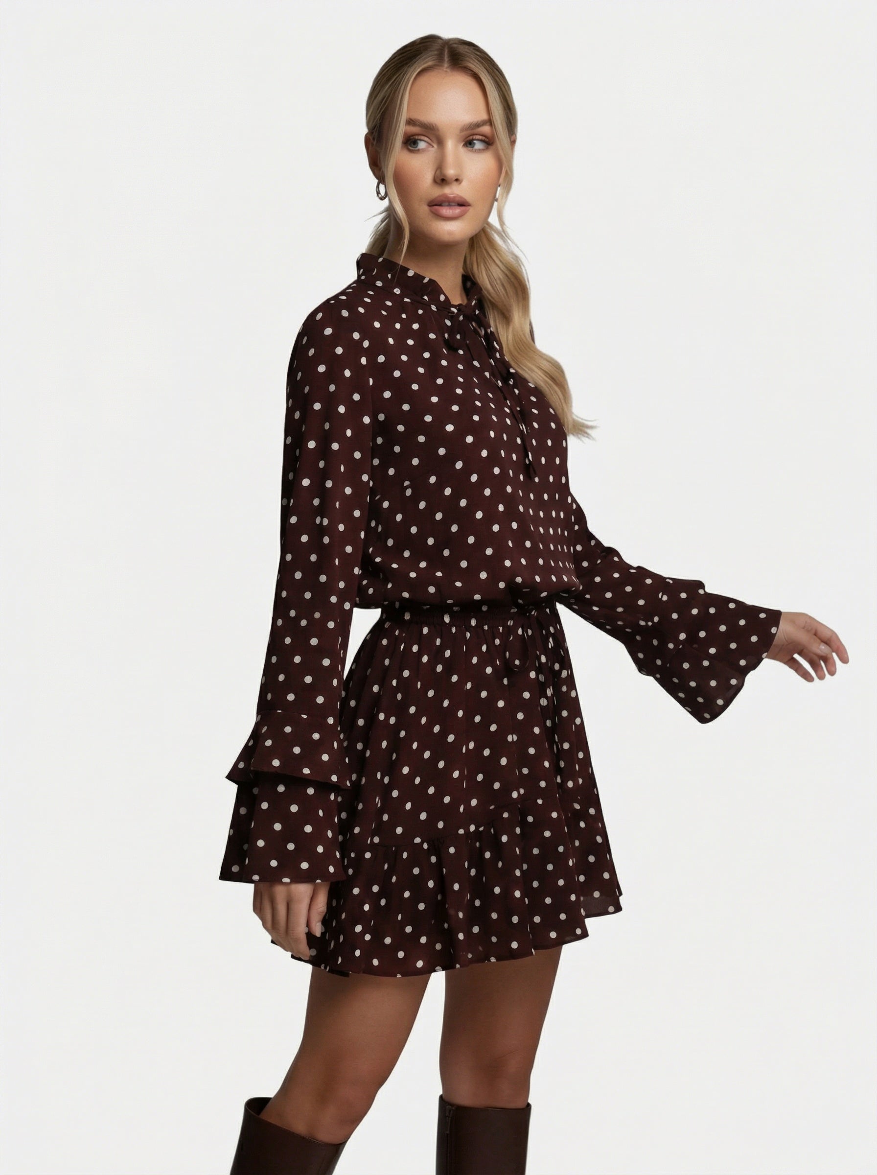 Polka dot high-neck dress with tie and long sleeves for women