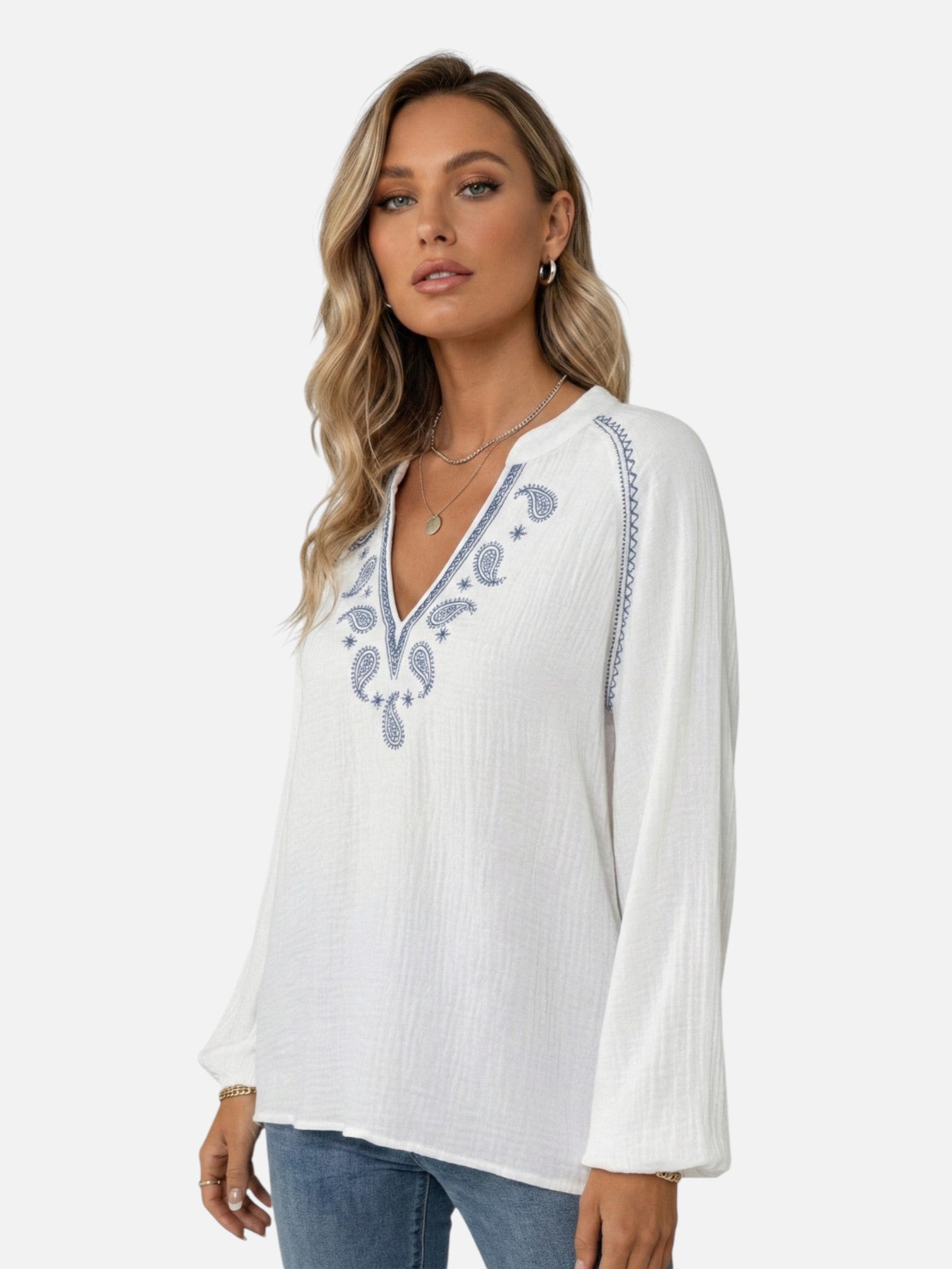 Blouse brodée col V manches longues pour femme