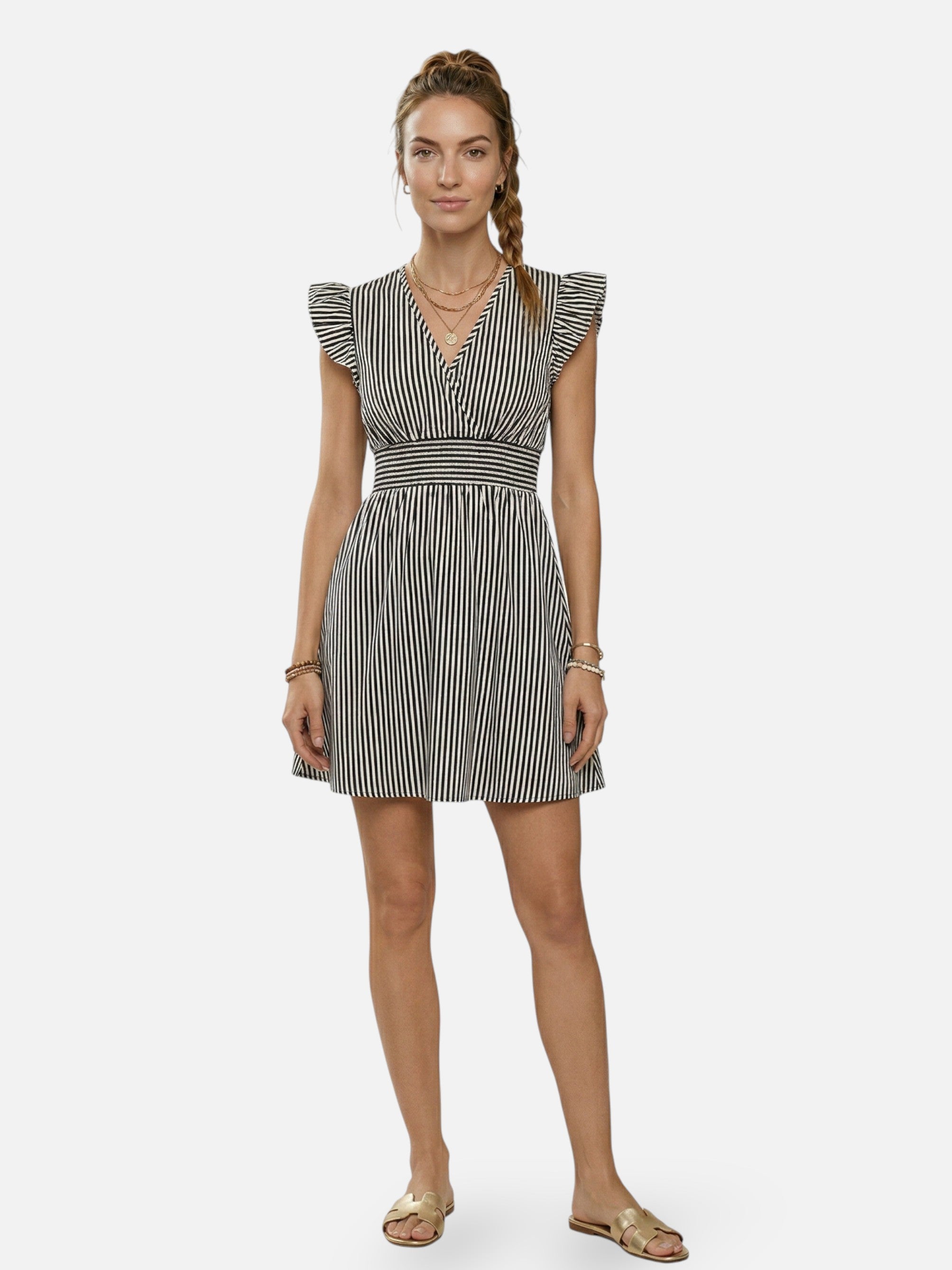 Vestido de verano a rayas con mangas con volantes para mujer