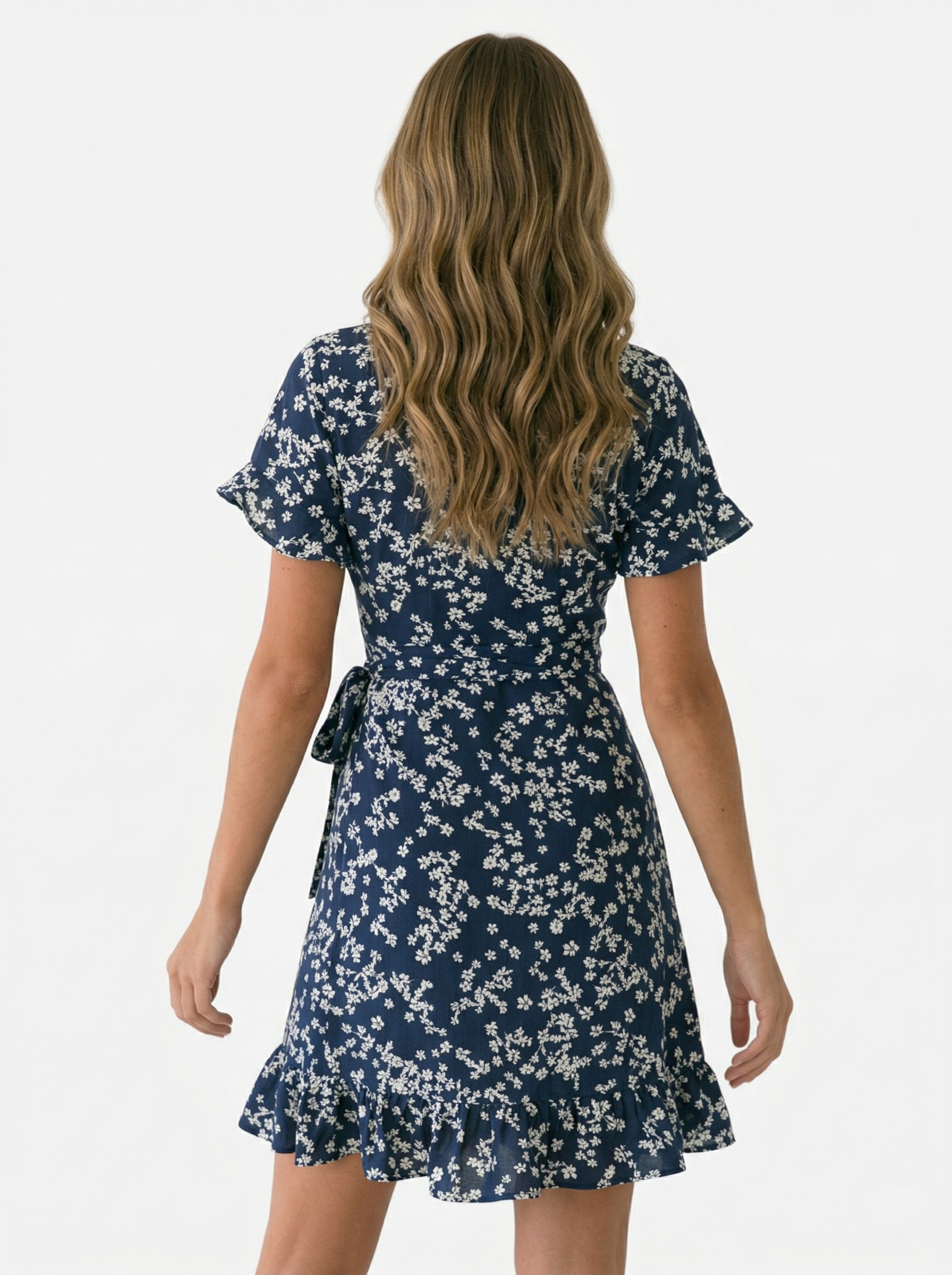 Short floral wrap summer dress with short sleeves and ruffle for women