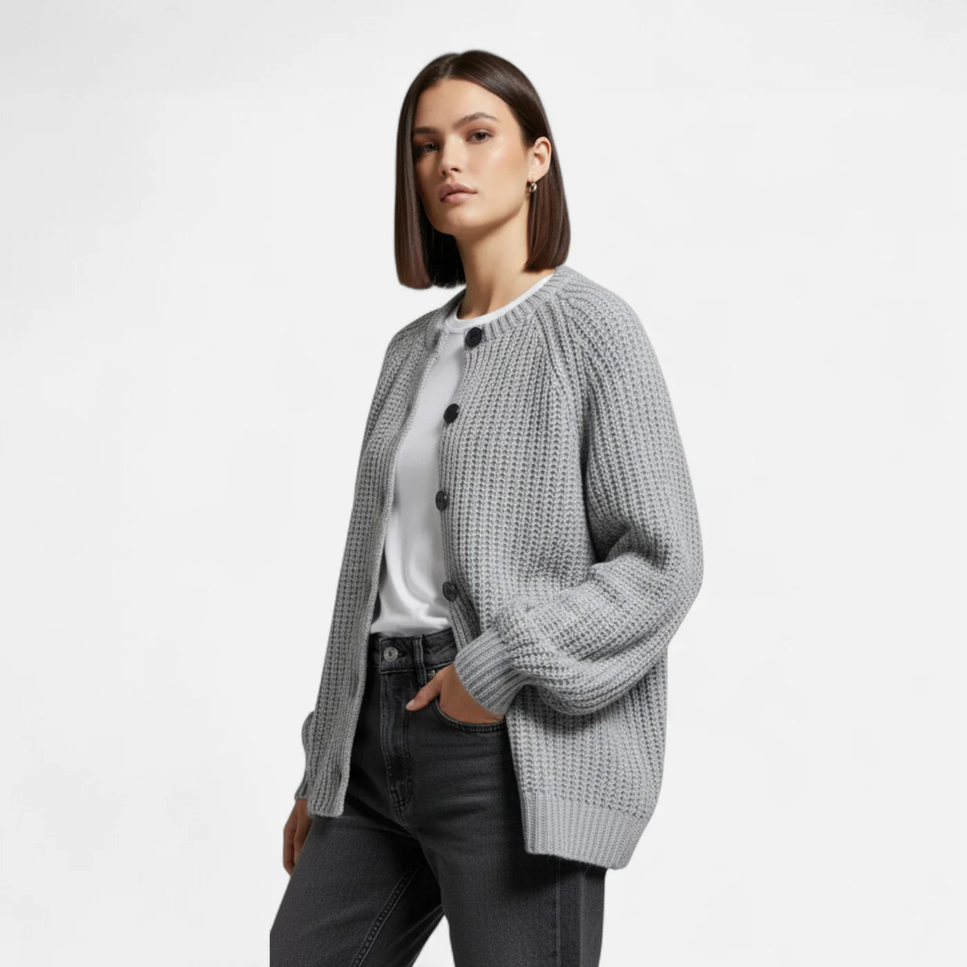 Cardigan tricoté à col rond vintage pour femme