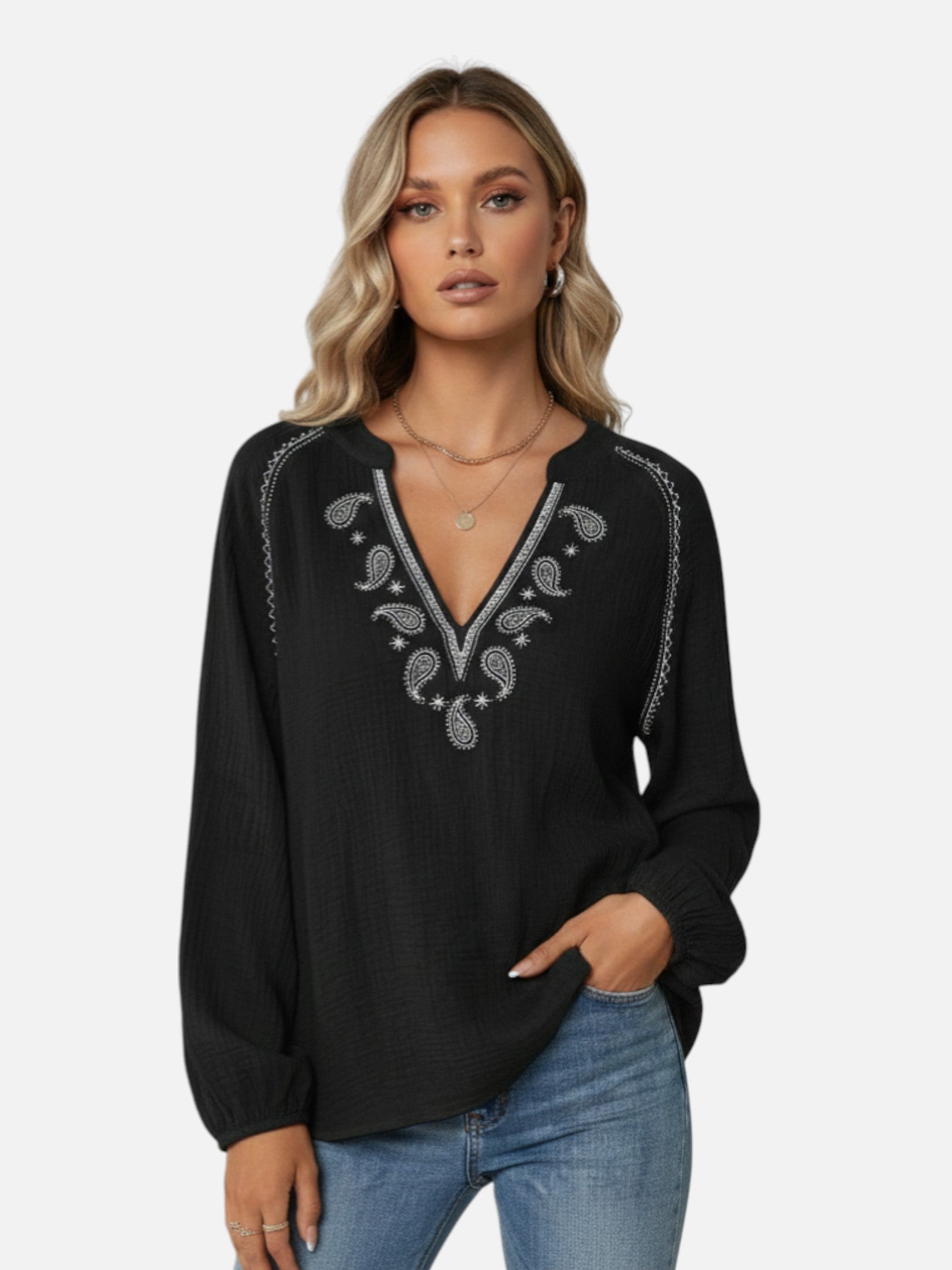 Blouse brodée col V manches longues pour femme