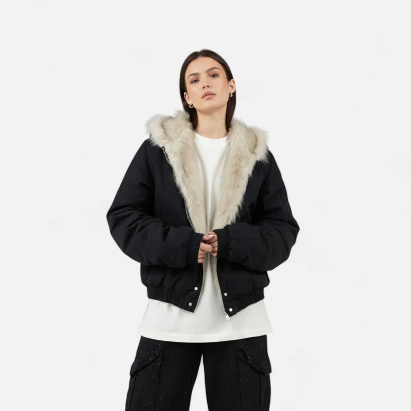 Manteau d’hiver à capuche pour femme – col en fourrure style vintage