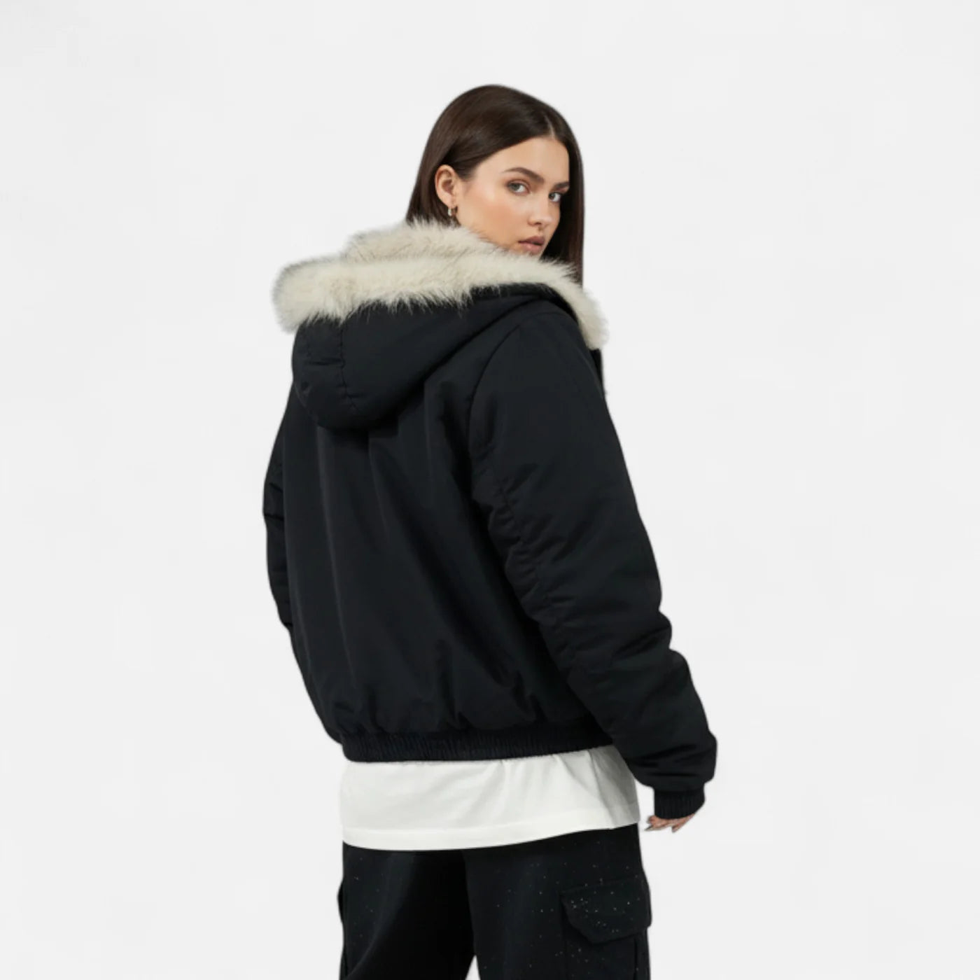 Manteau d’hiver à capuche pour femme – col en fourrure style vintage