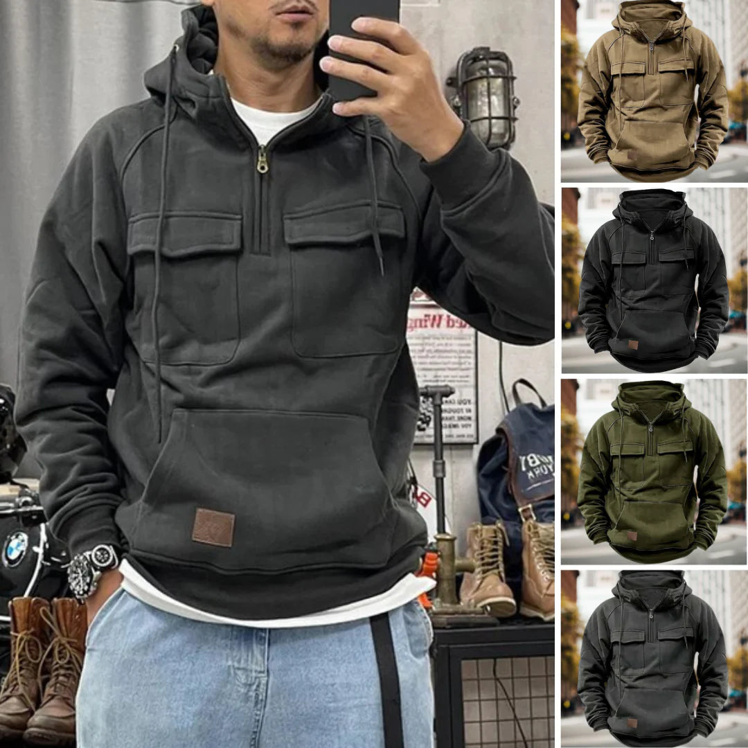 Pull à capuche tactique semi-zippé pour hommes avec poches utilitaires