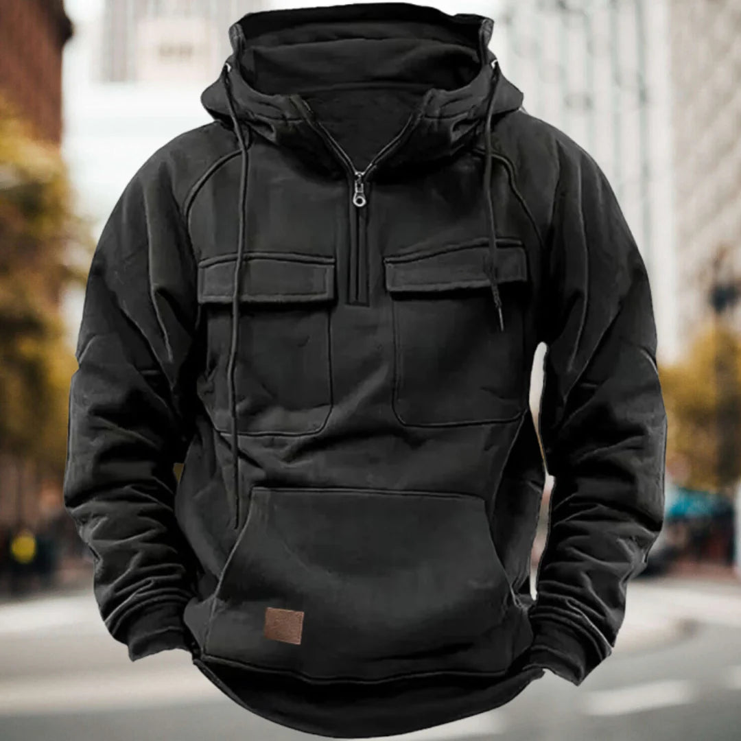 Pull à capuche tactique semi-zippé pour hommes avec poches utilitaires