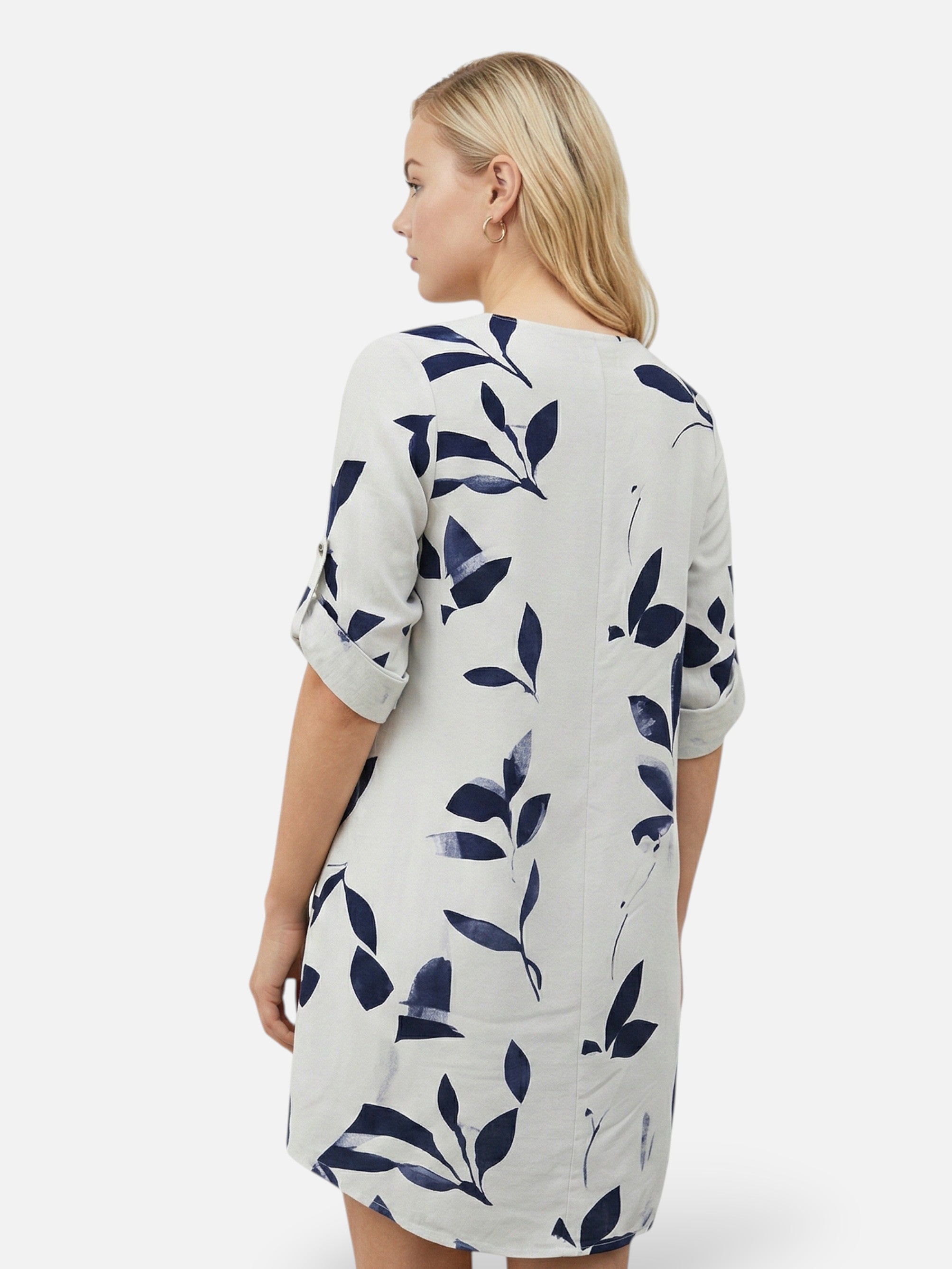 Robe à col en V avec imprimé feuilles et manches retroussables pour femme