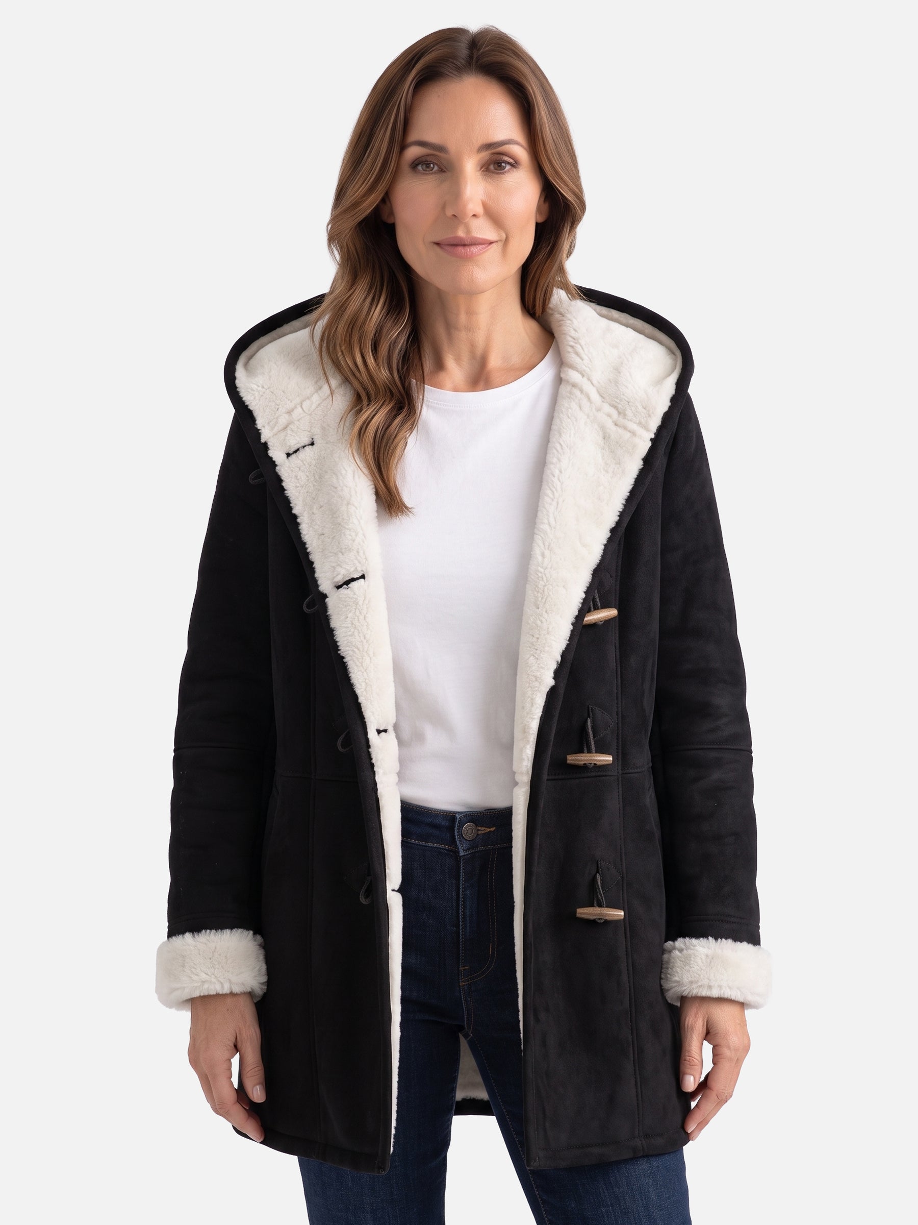 Manteau Duffle Femme à Capuche Polaire Boutons Bâtonnets