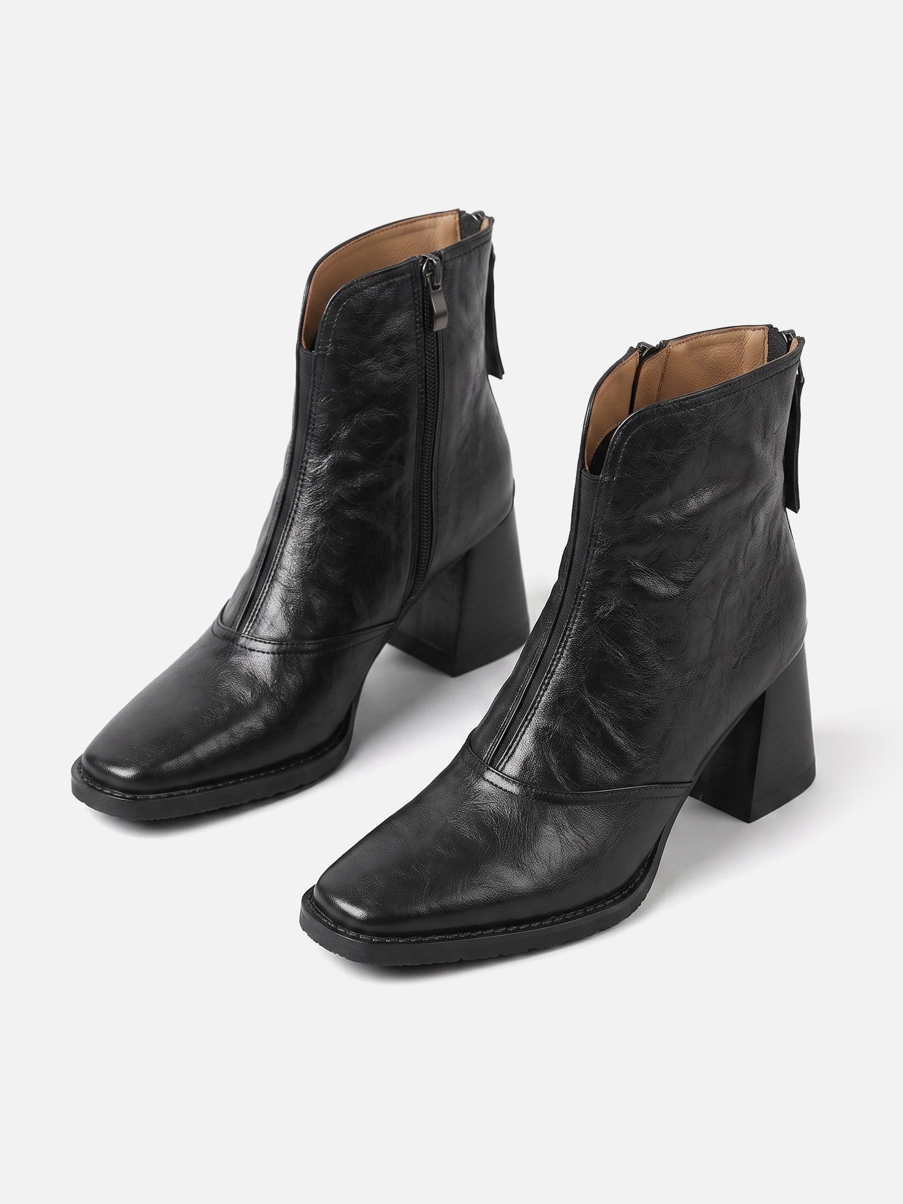 Bottines Femme en Cuir à Talon Carré Zippées
