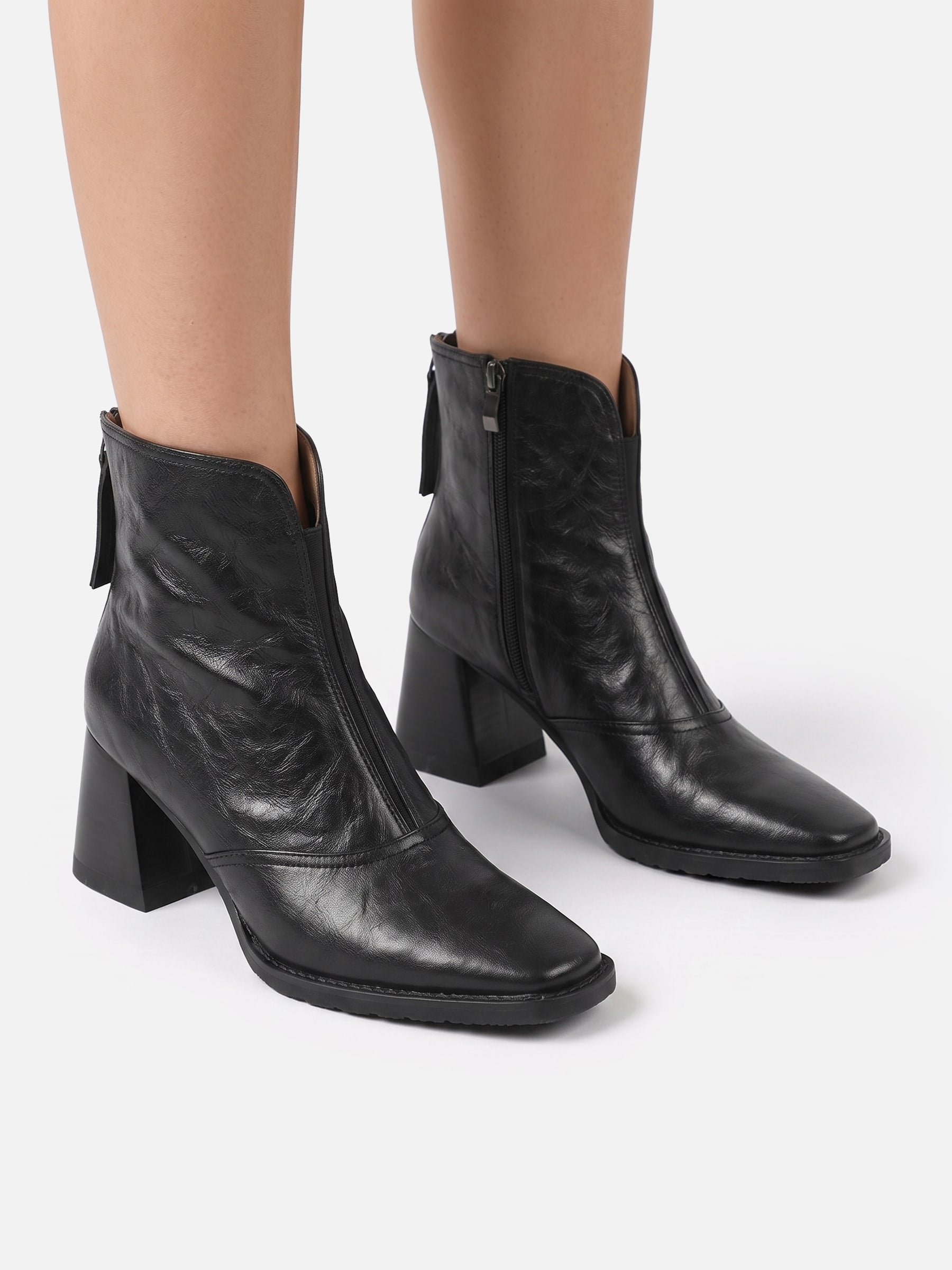 Bottines Femme en Cuir à Talon Carré Zippées