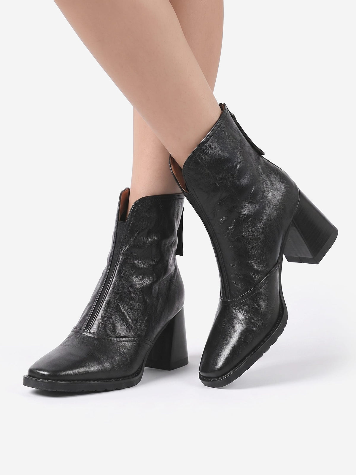Women's Leather Zip Block Heel Boots