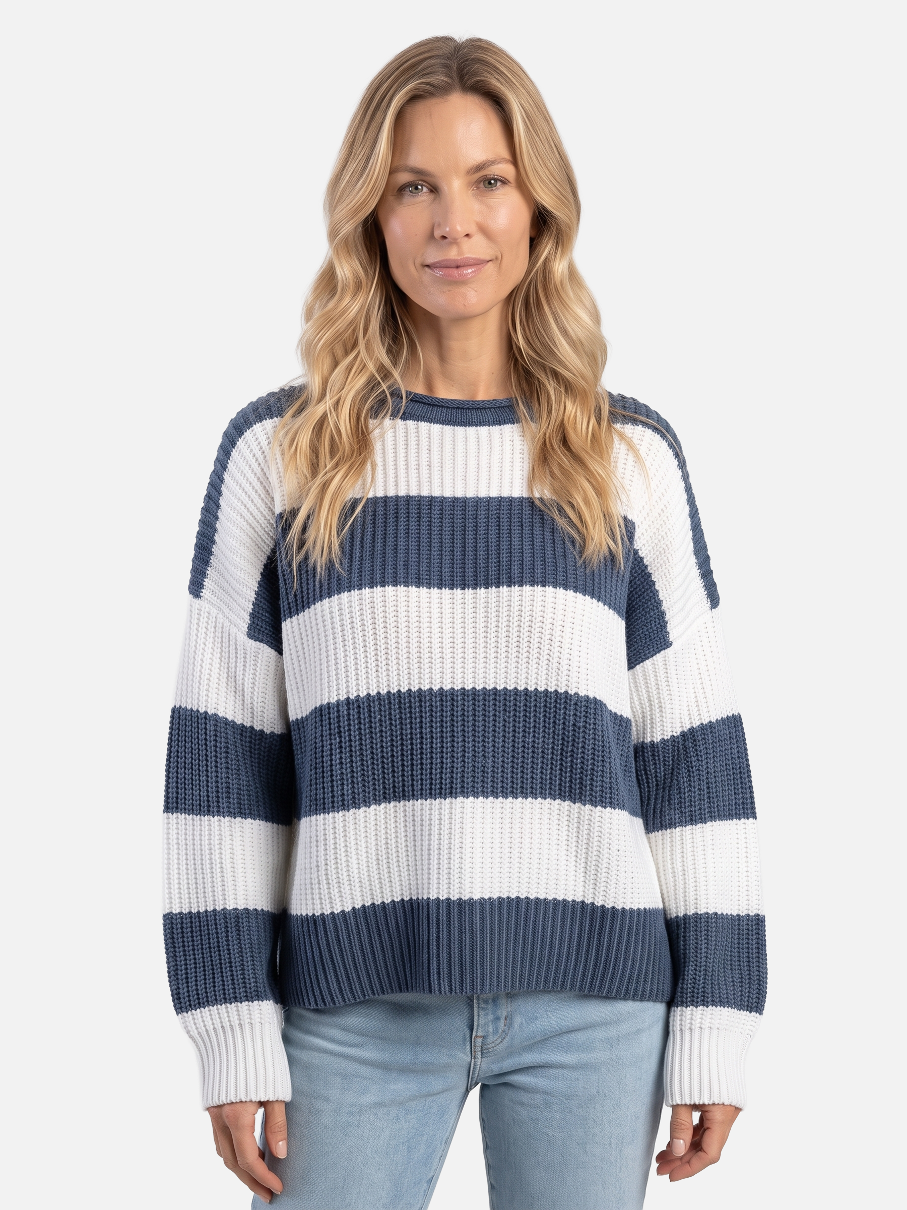 Pull Femme Oversize Col Rond Rayé Côtelé