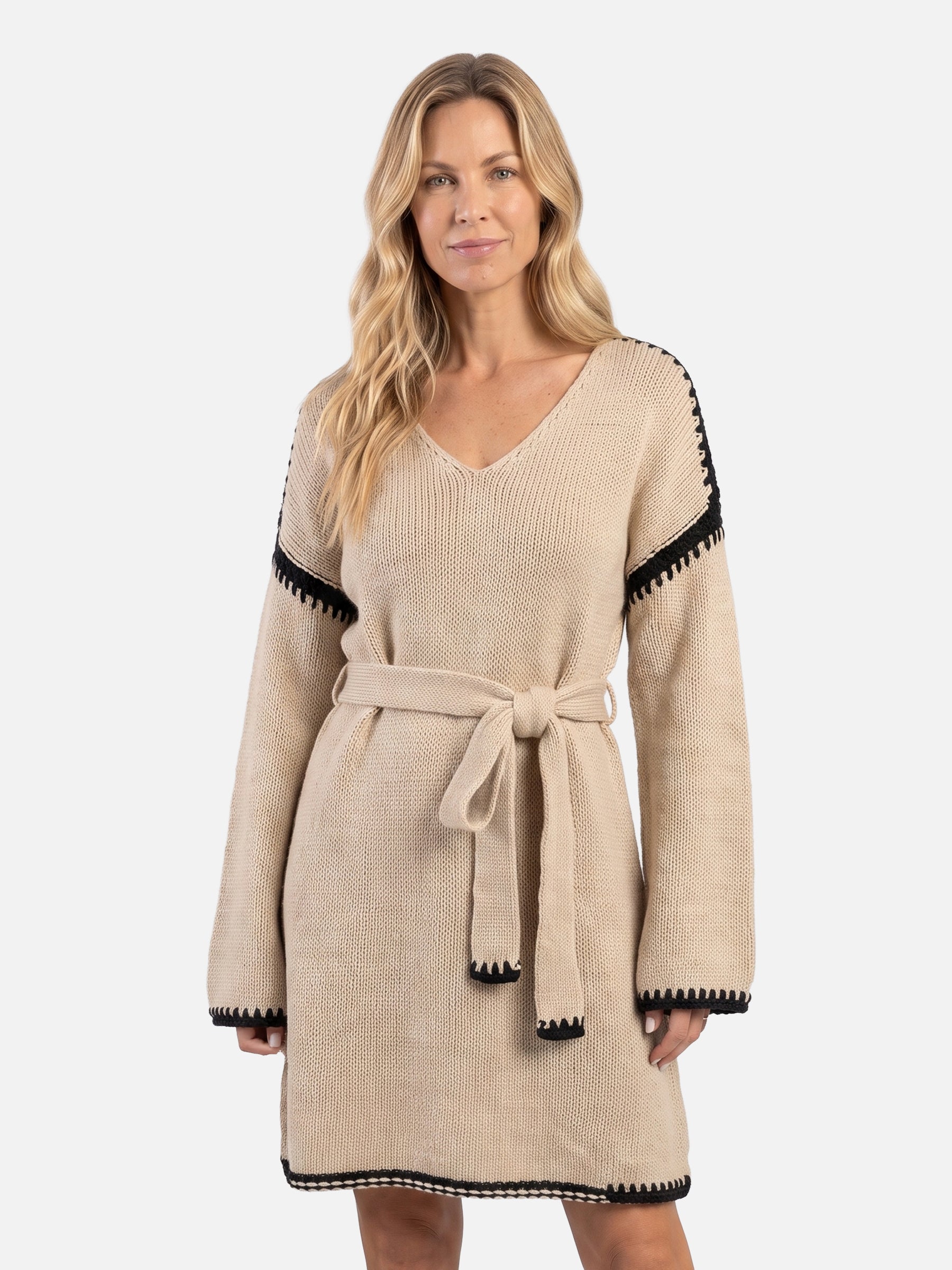 Robe Pull Femme Ceinturée Col V