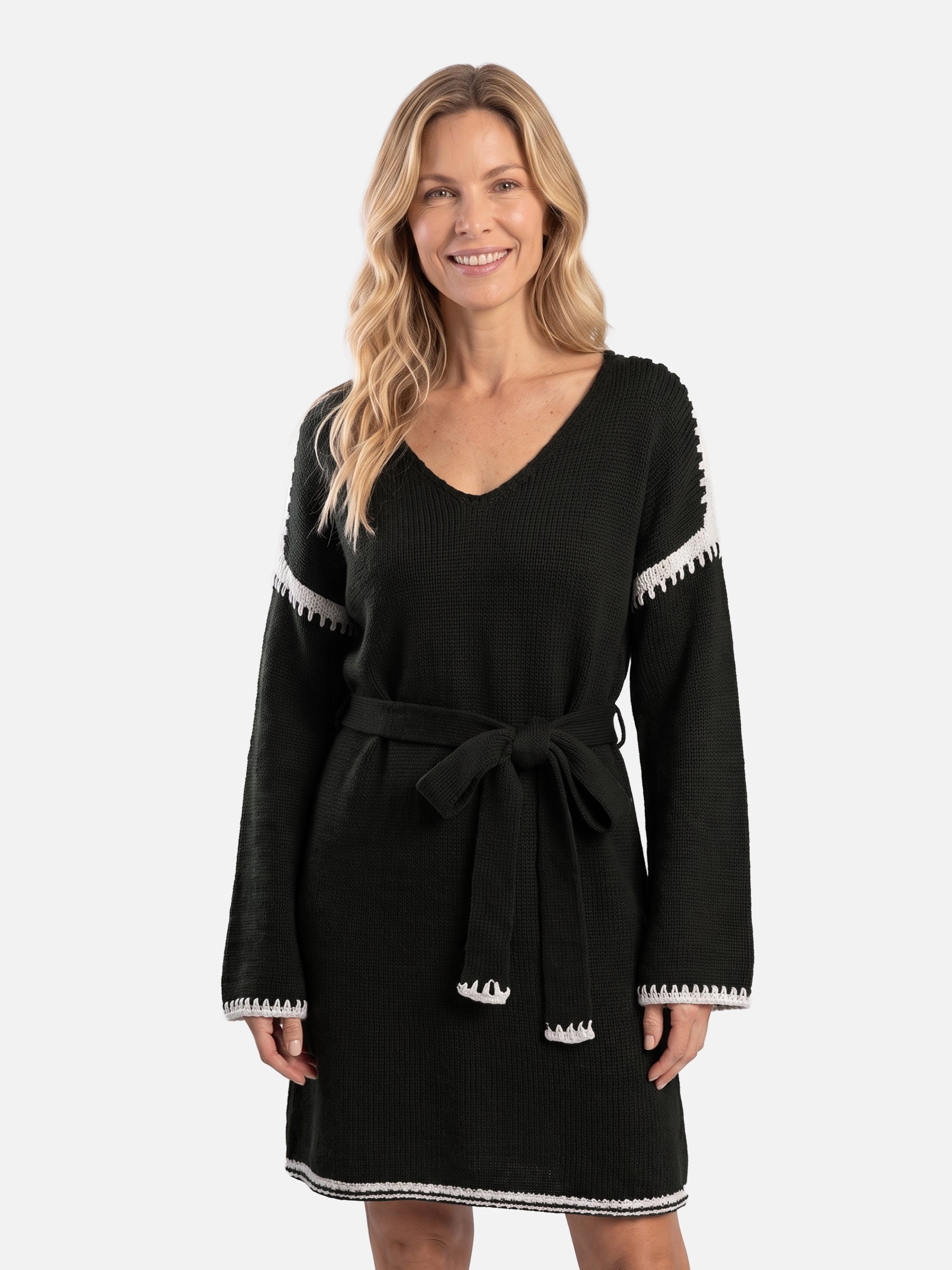 Robe Pull Femme Ceinturée Col V