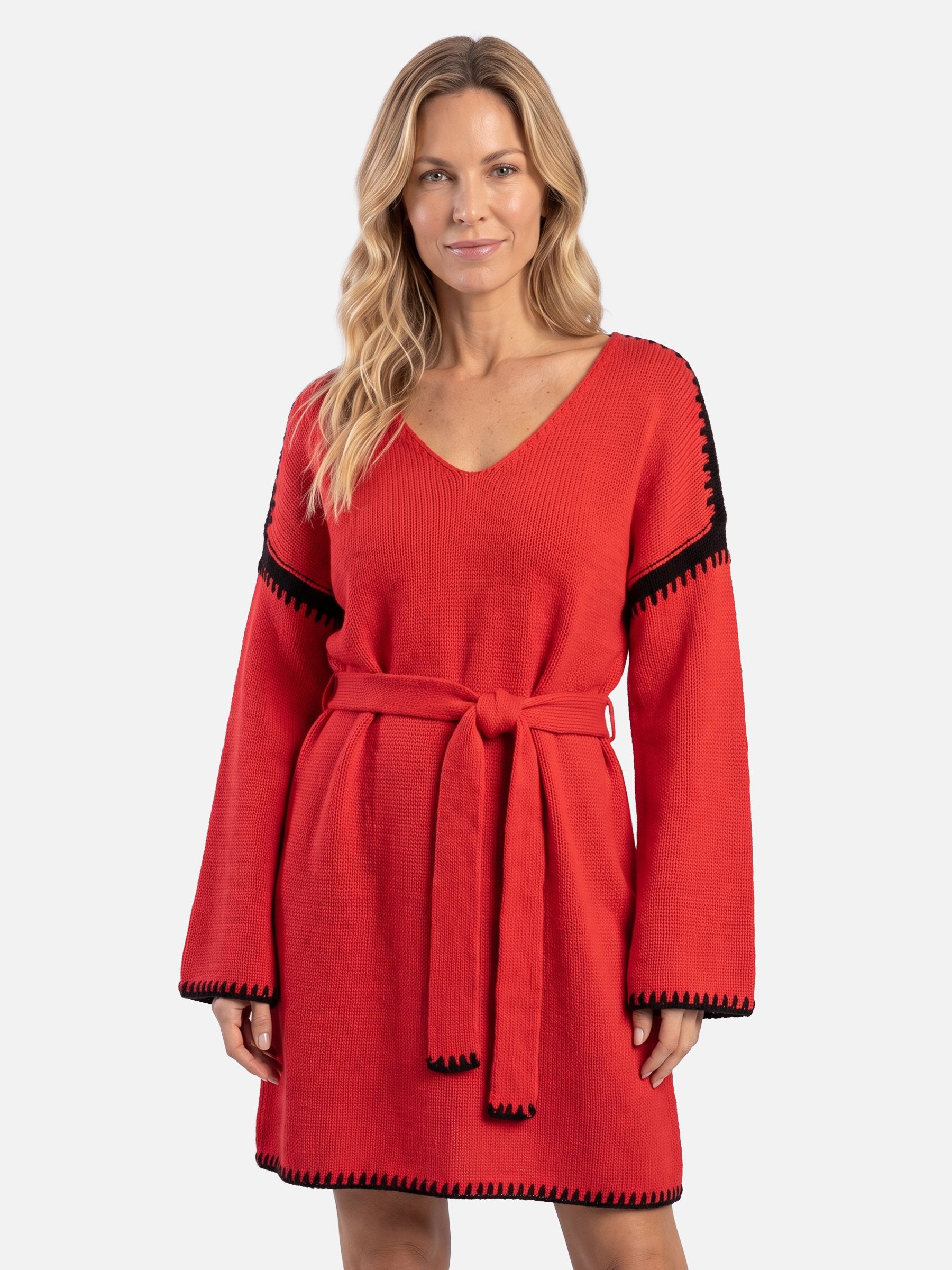 Robe Pull Femme Ceinturée Col V