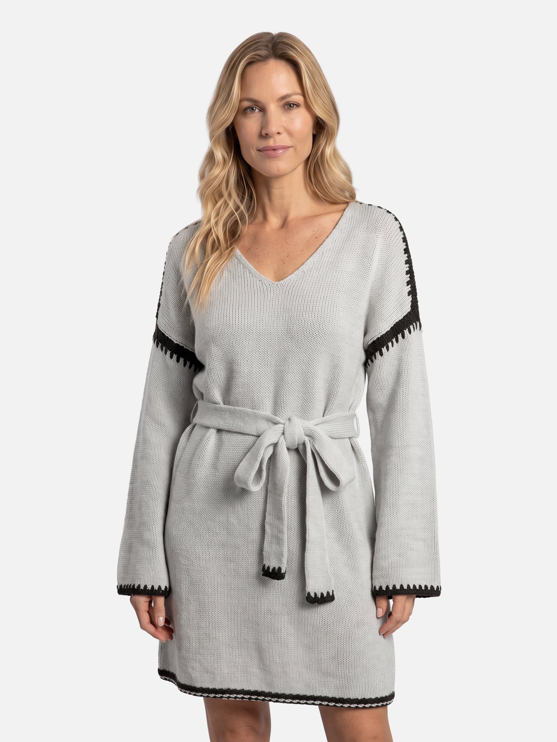 Robe Pull Femme Ceinturée Col V