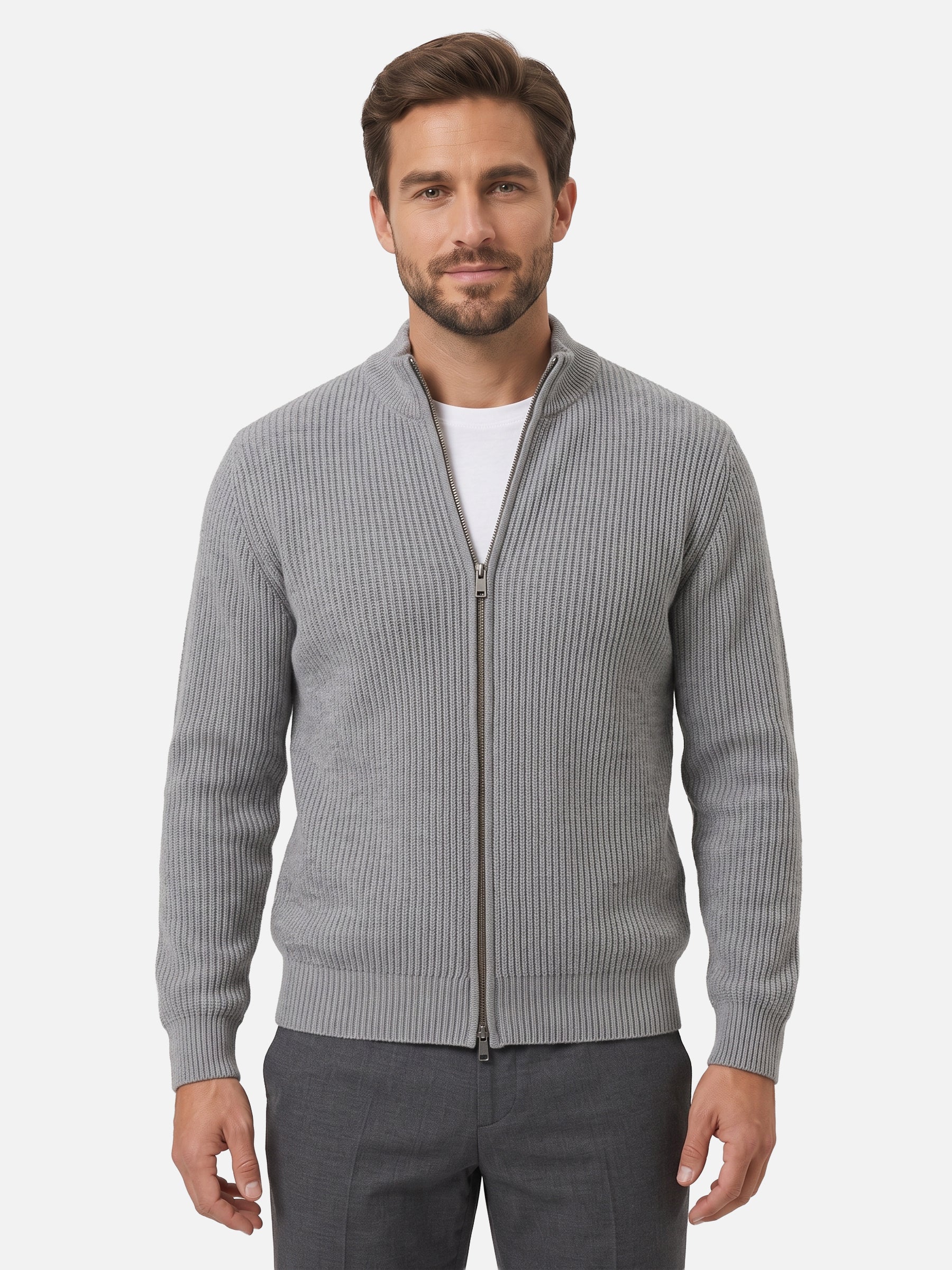 Gilet Homme Zippé Maille Côtelée Col Montant