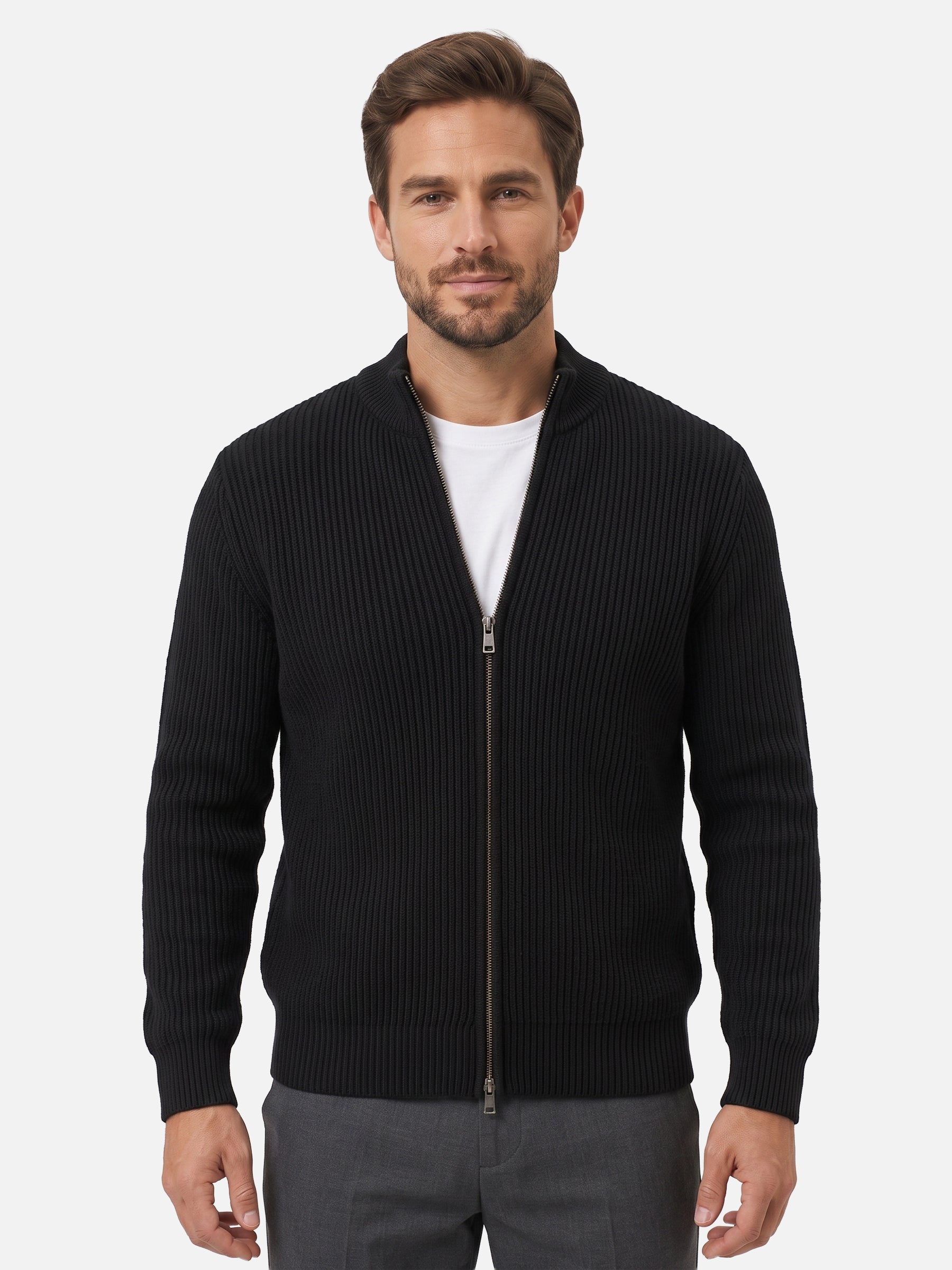 Gilet Homme Zippé Maille Côtelée Col Montant