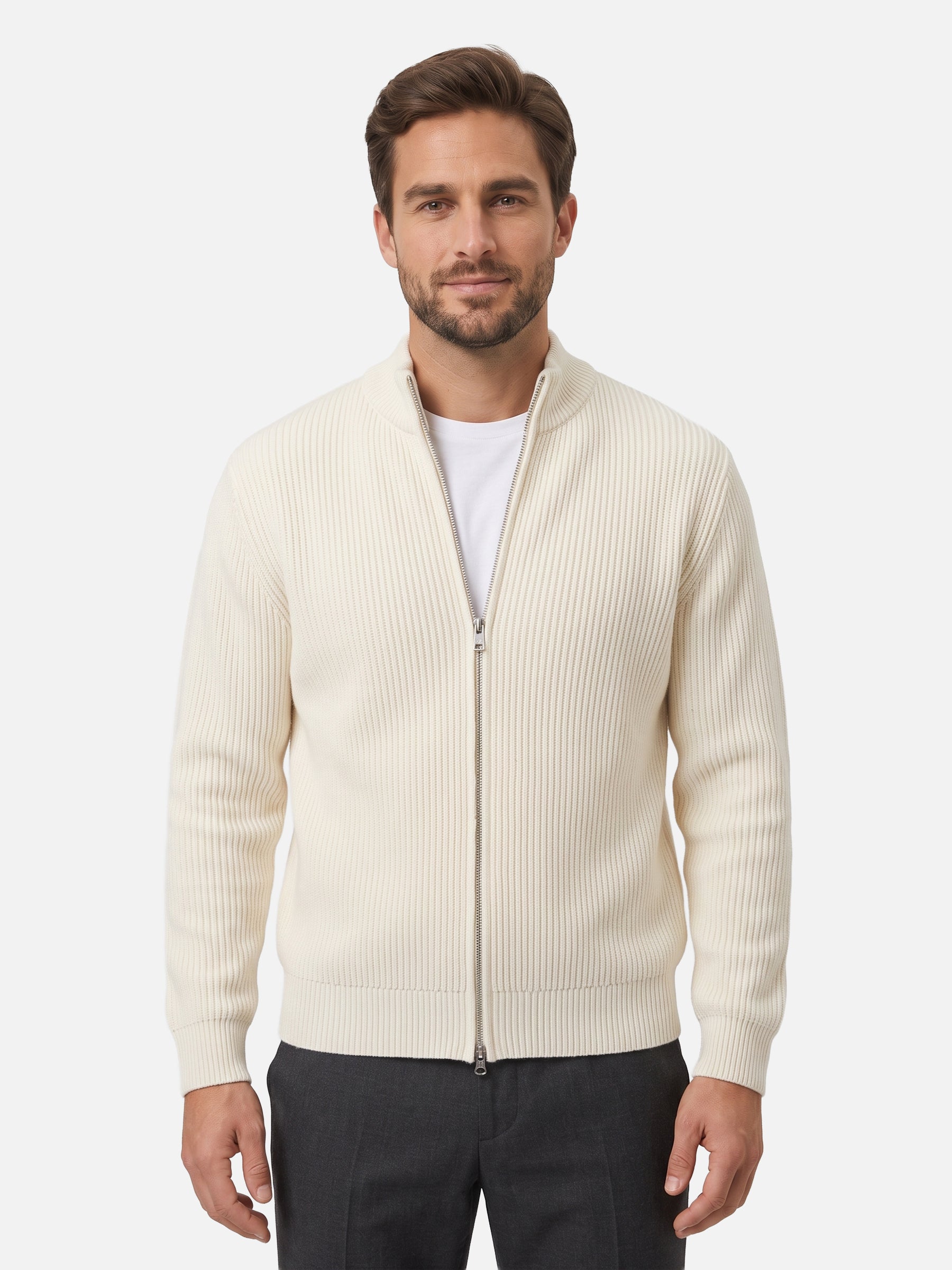 Gilet Homme Zippé Maille Côtelée Col Montant