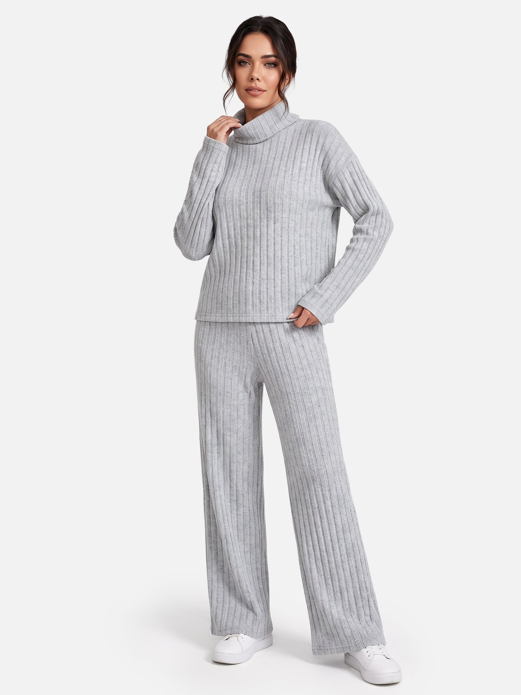 Ensemble Femme Maille Côtelée Col Roulé