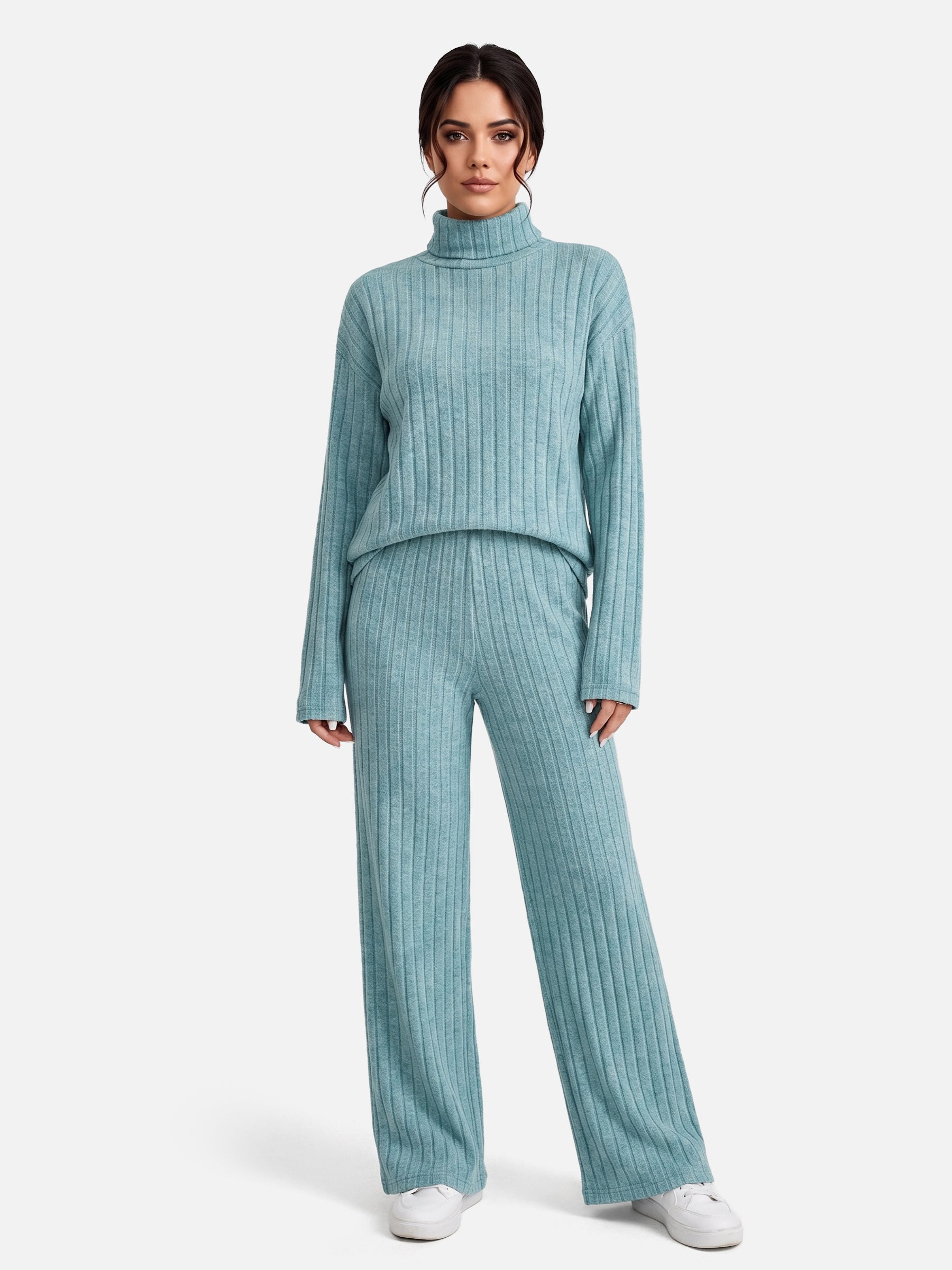 Ensemble Femme Maille Côtelée Col Roulé