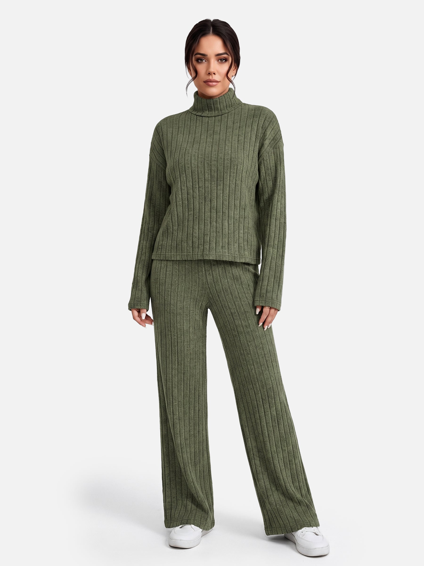 Ensemble Femme Maille Côtelée Col Roulé