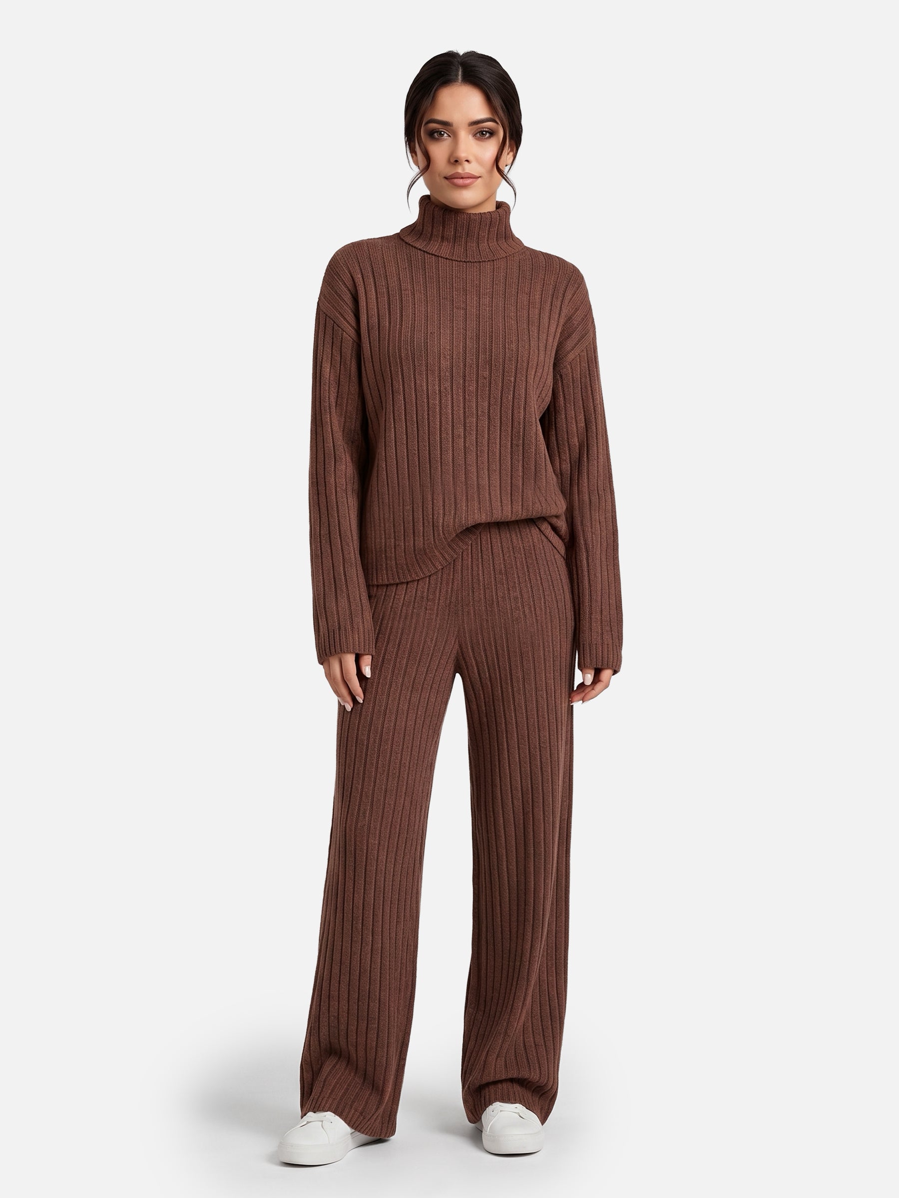Ensemble Femme Maille Côtelée Col Roulé