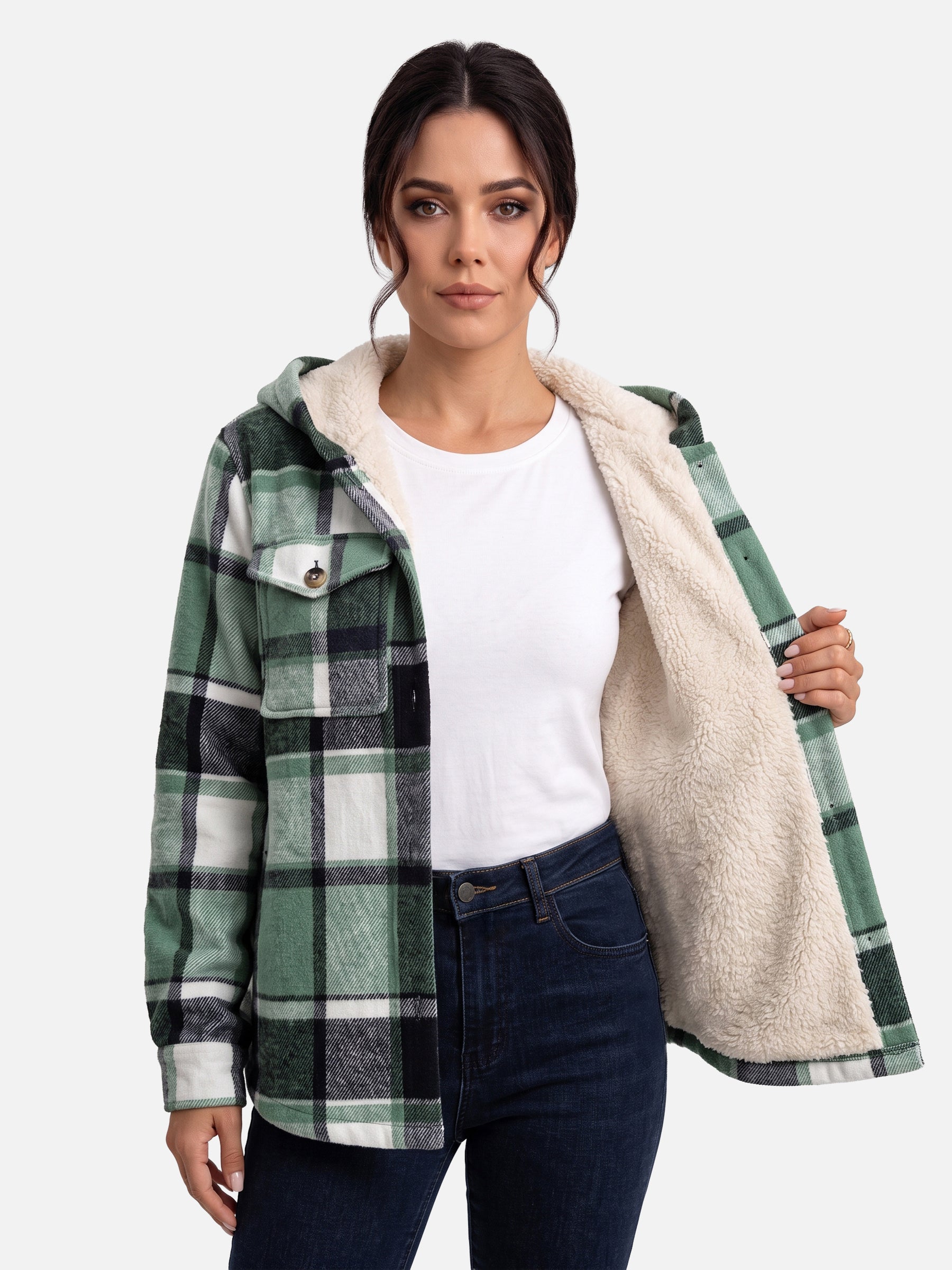 Veste Femme à Carreaux Doublée Sherpa Capuche