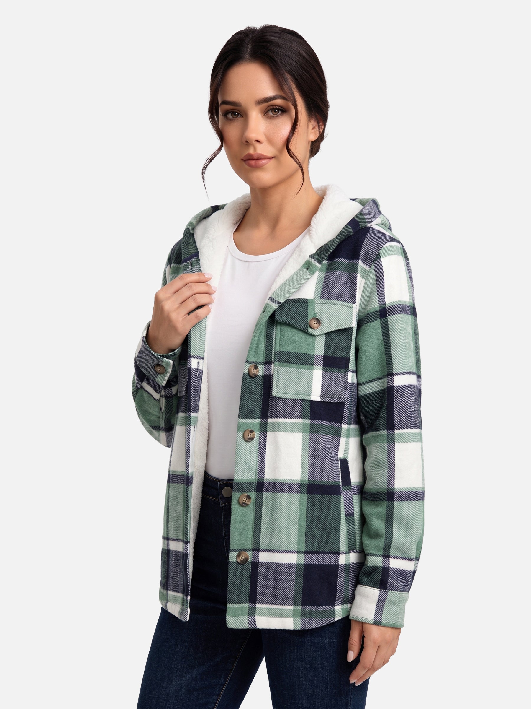 Veste Femme à Carreaux Doublée Sherpa Capuche