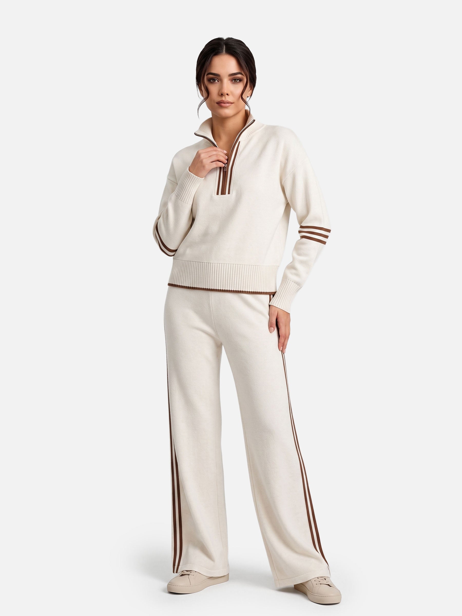 Ensemble Femme Maille Bandes Contrastantes Zippé