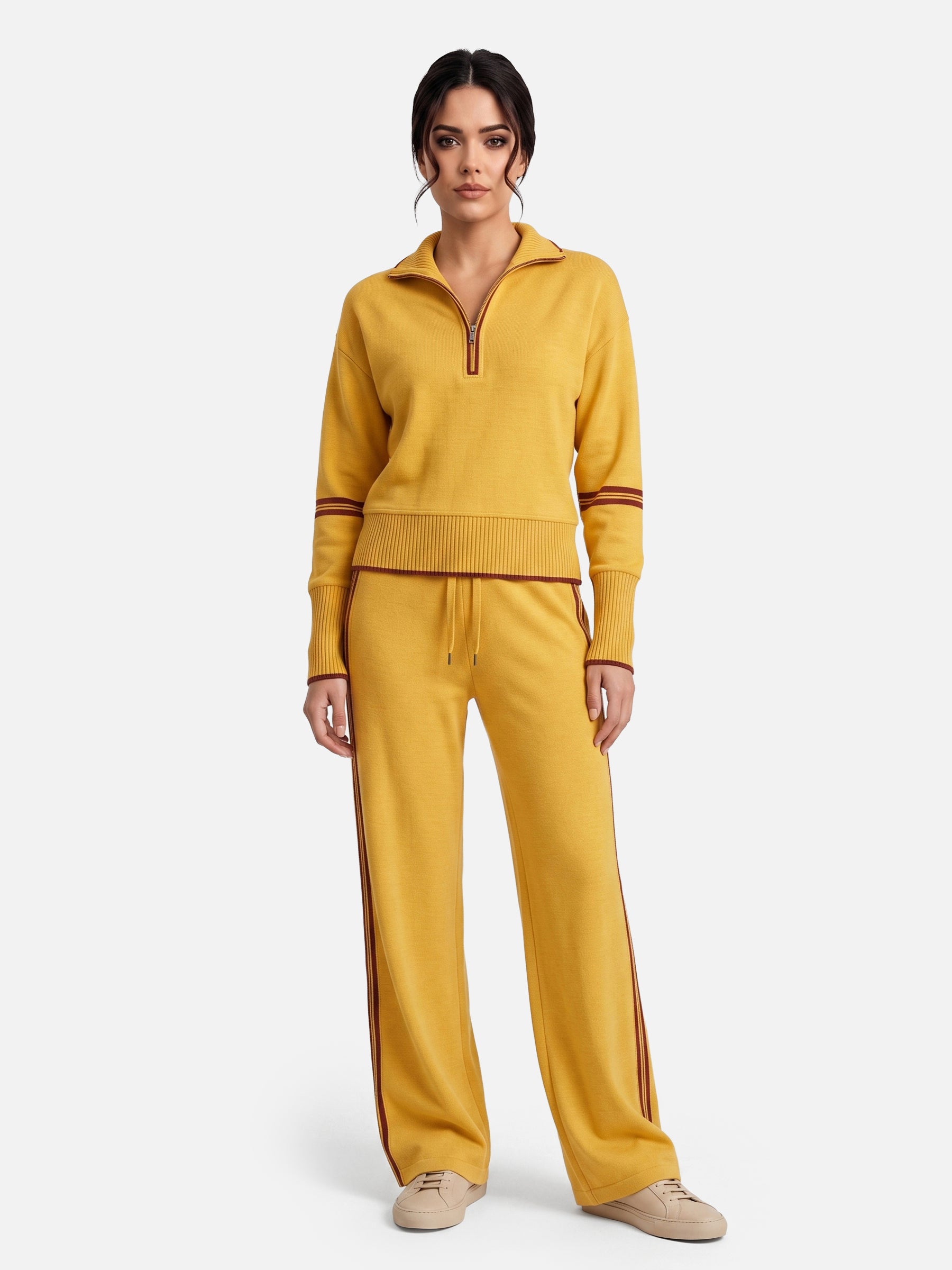 Ensemble Femme Maille Bandes Contrastantes Zippé