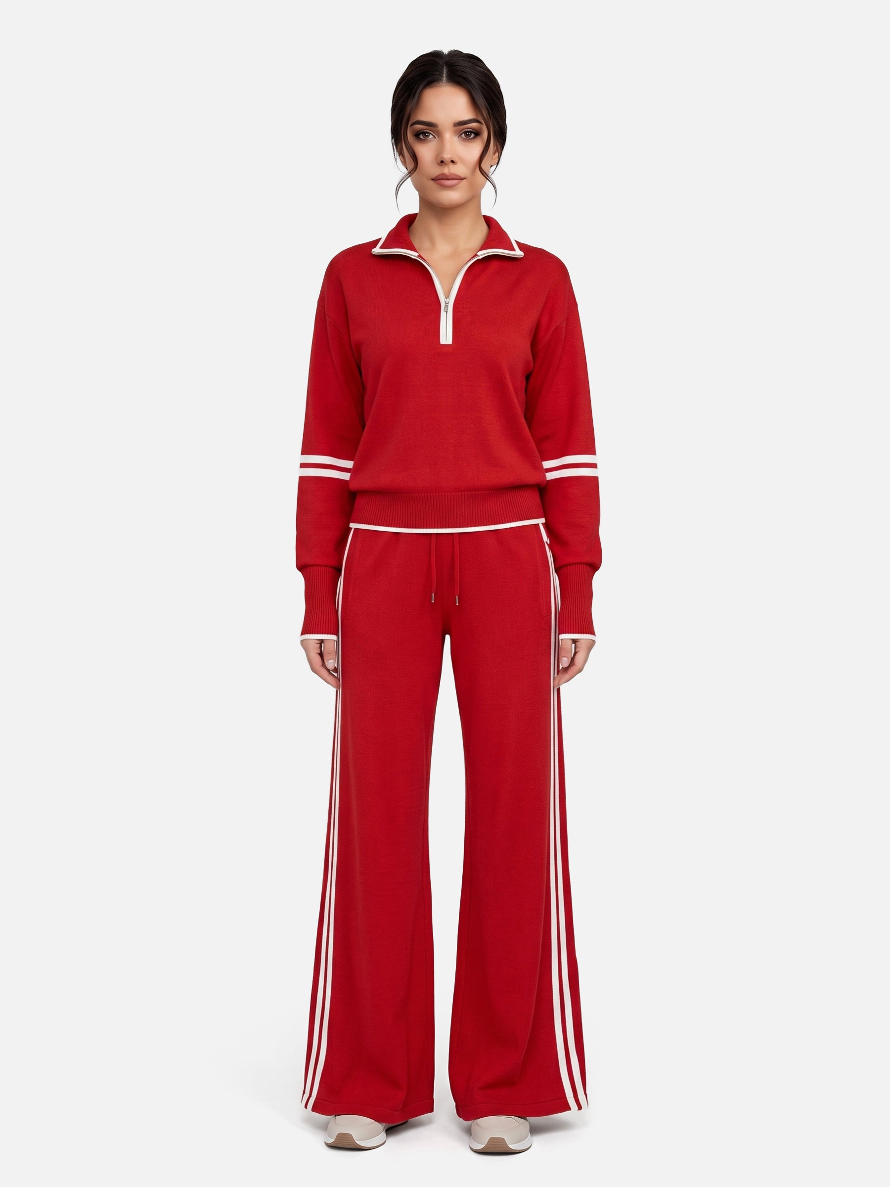 Ensemble Femme Maille Bandes Contrastantes Zippé