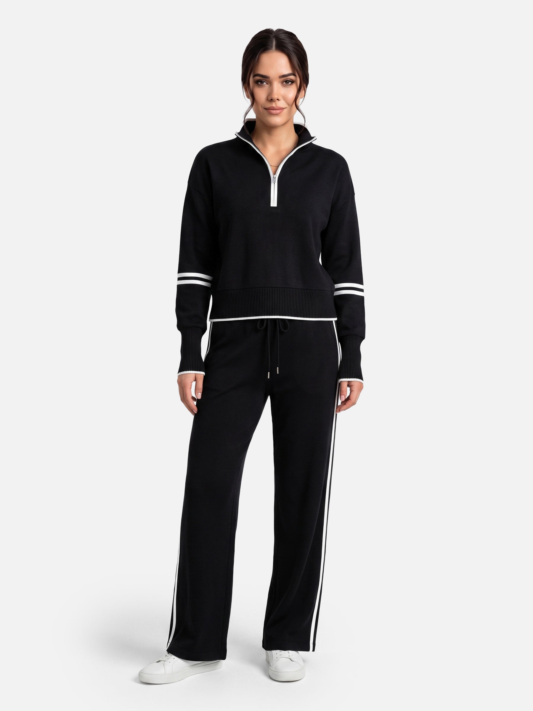 Ensemble Femme Maille Bandes Contrastantes Zippé
