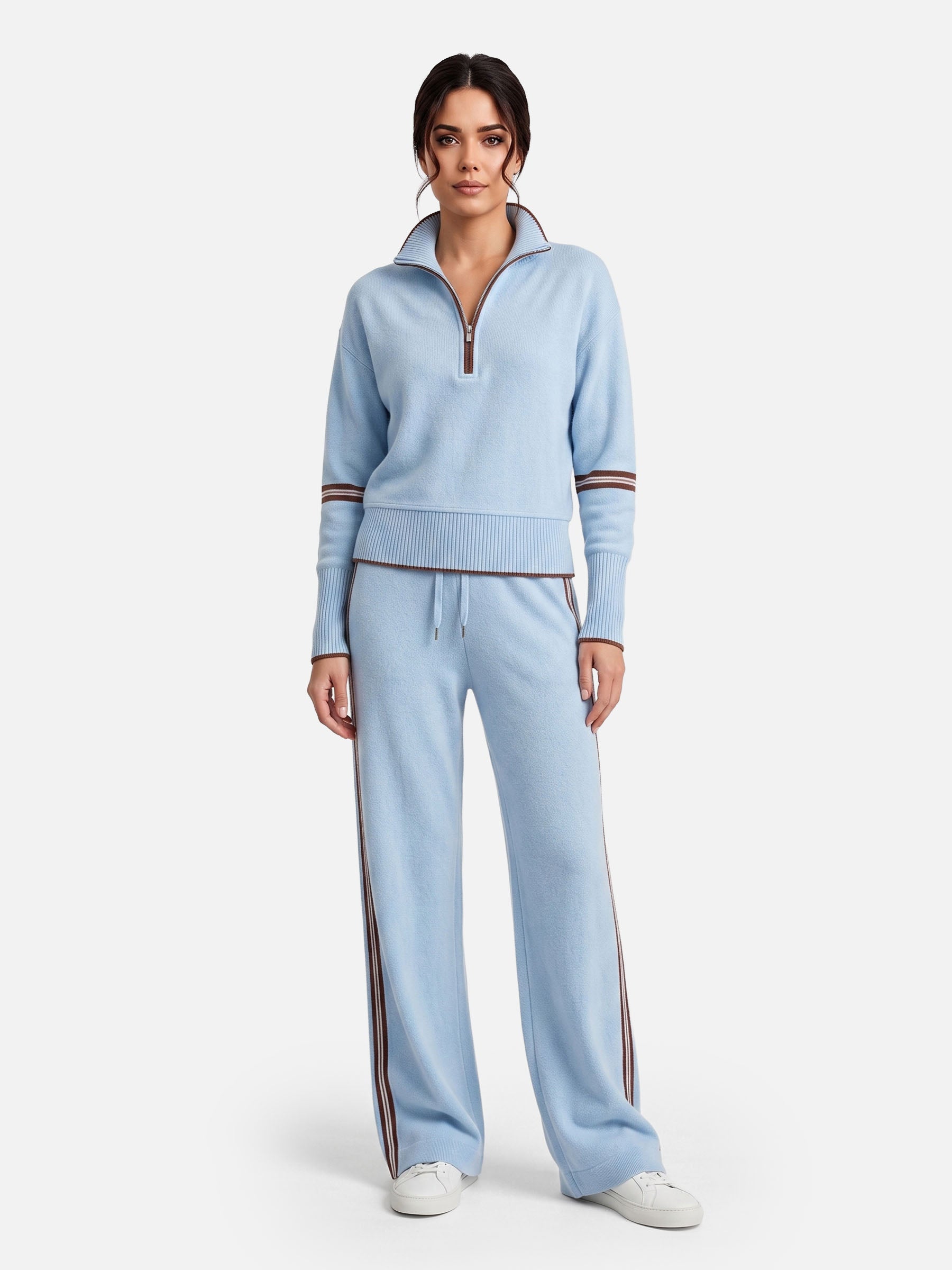 Ensemble Femme Maille Bandes Contrastantes Zippé